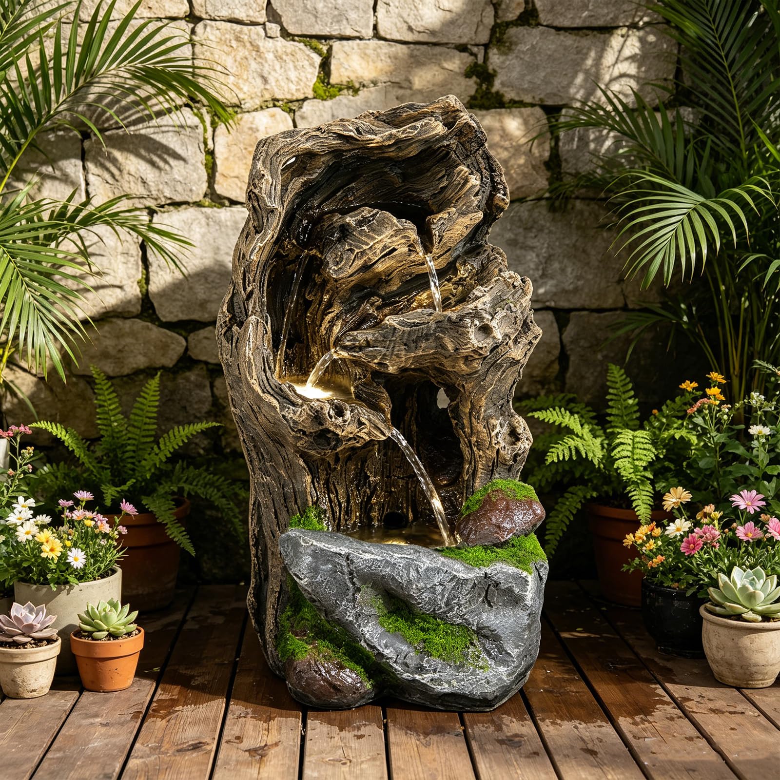 GYMAX 4-stufiger Gartenbrunnen, Zierbrunnen mit LED Beleuchtung & Pumpe, Baumstamm-Optik, Springbrunnen, Wasserfall Wasserspiel für Garten, Gartenteich, Terrasse