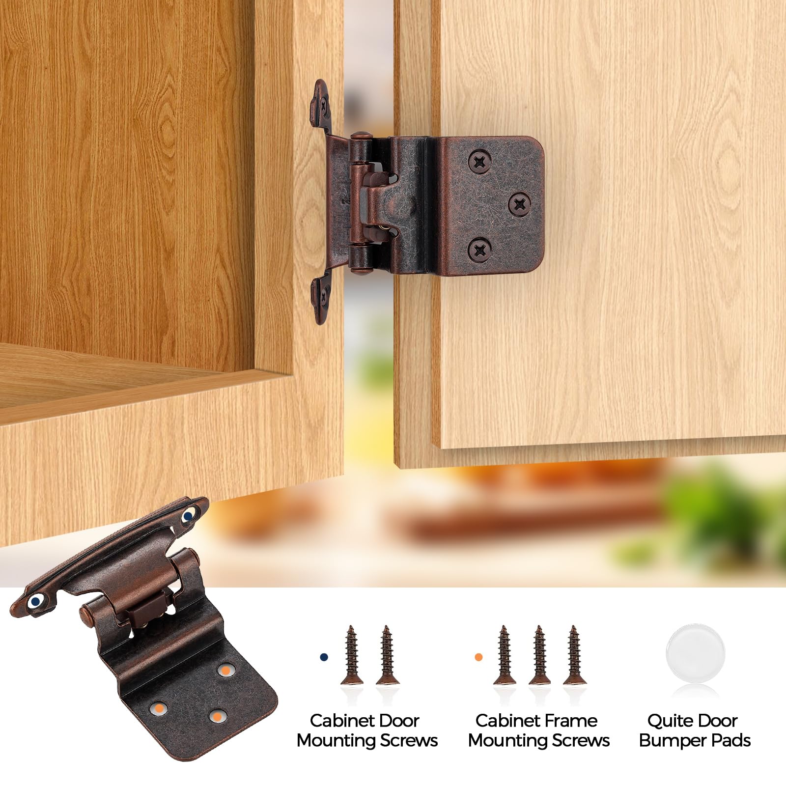 Confezione da 20 (10 paia) di cerniere da 3/8 pollici, a chiusura automatica, con paraurti per porte, rame antico, per mobili da cucina, bagno, ante di mobili
