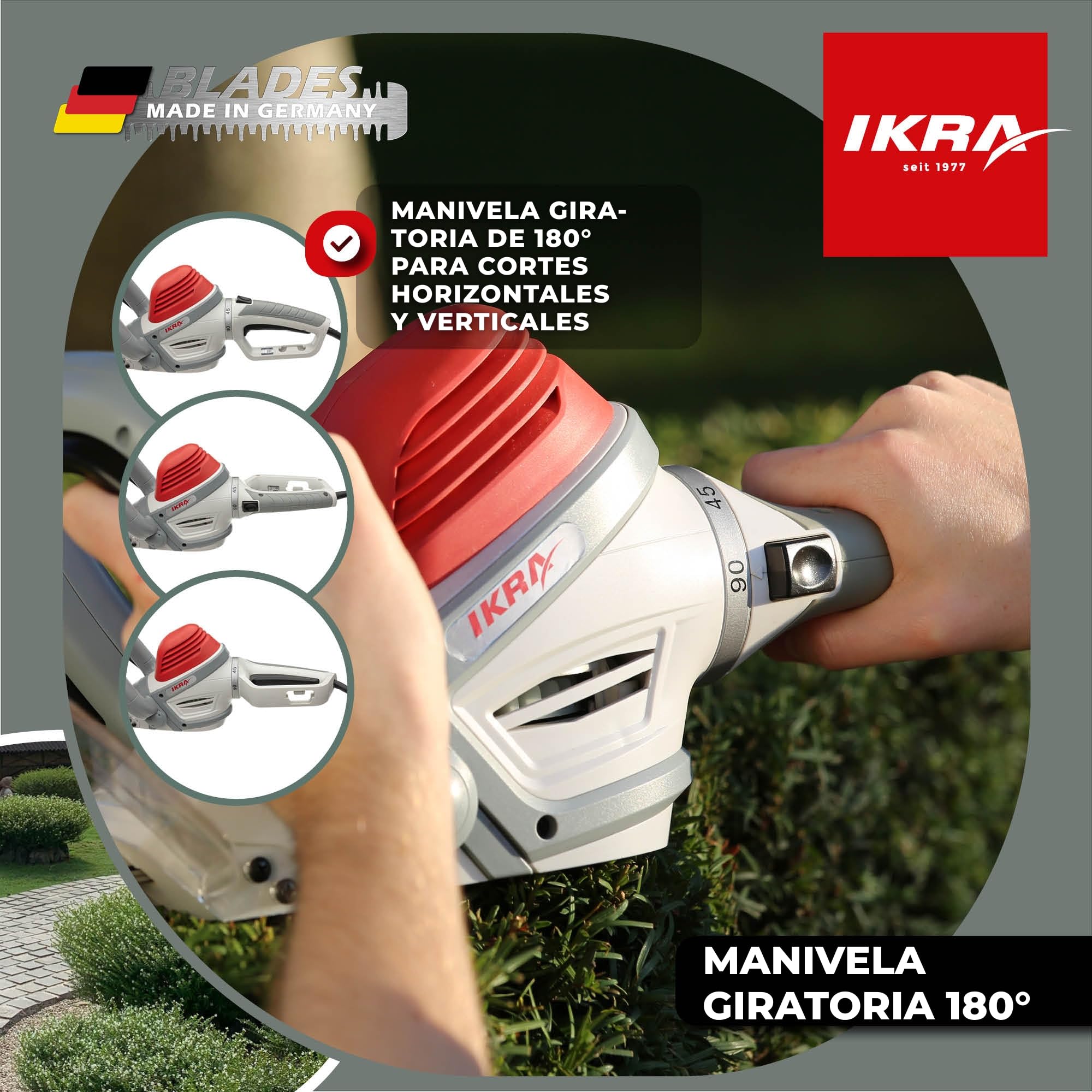 IKRA IHS 650 Tijeras Cortasetos eléctrico IHS 650, Longitud de Corte 55 cm, Apertura 22 mm, Mango rotativo 180°, 650 W, 230 V | Potencia de 650W, grosor de corte de 22mm, alto rendimiento de corte y bajas vibraciones, cuchilla fabricada en Alemania