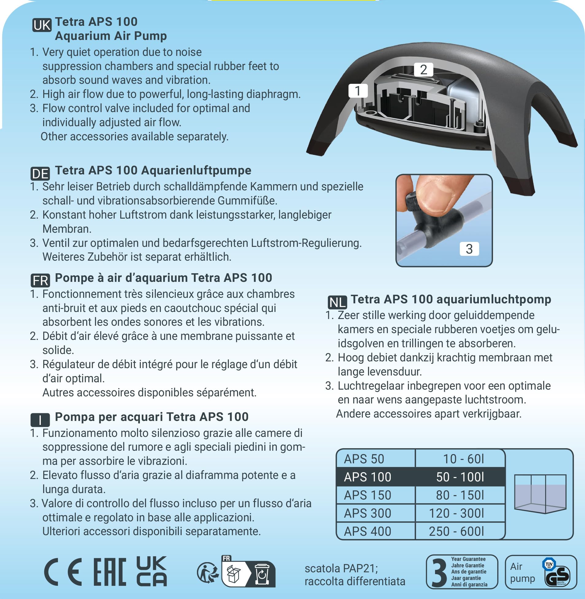 Tetra APS 100 pompa powietrza do akwarium – cicha pompa membranowa do akwariów o pojemności 50-100 l, czarna