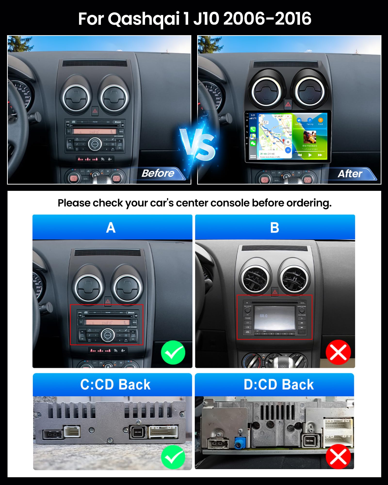 SIXWIN Autoradio Nissan Qashqai J10 2006-2016, Schermo Touch 9" IPS HD, Radio Auto con CarPlay senza Fili e Android Auto,Vi-Link, Bluetooth, FM RDS, DSP, USB,Supporto Volante e Telecamera