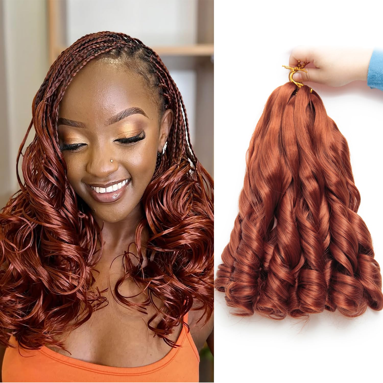 French Curly Braiding Hair Pre Stretched Loose Wavy Braiding Hair Reddish Brown French Curl Crochet Braids for Women Loose Wavy Curl Hair Extensions