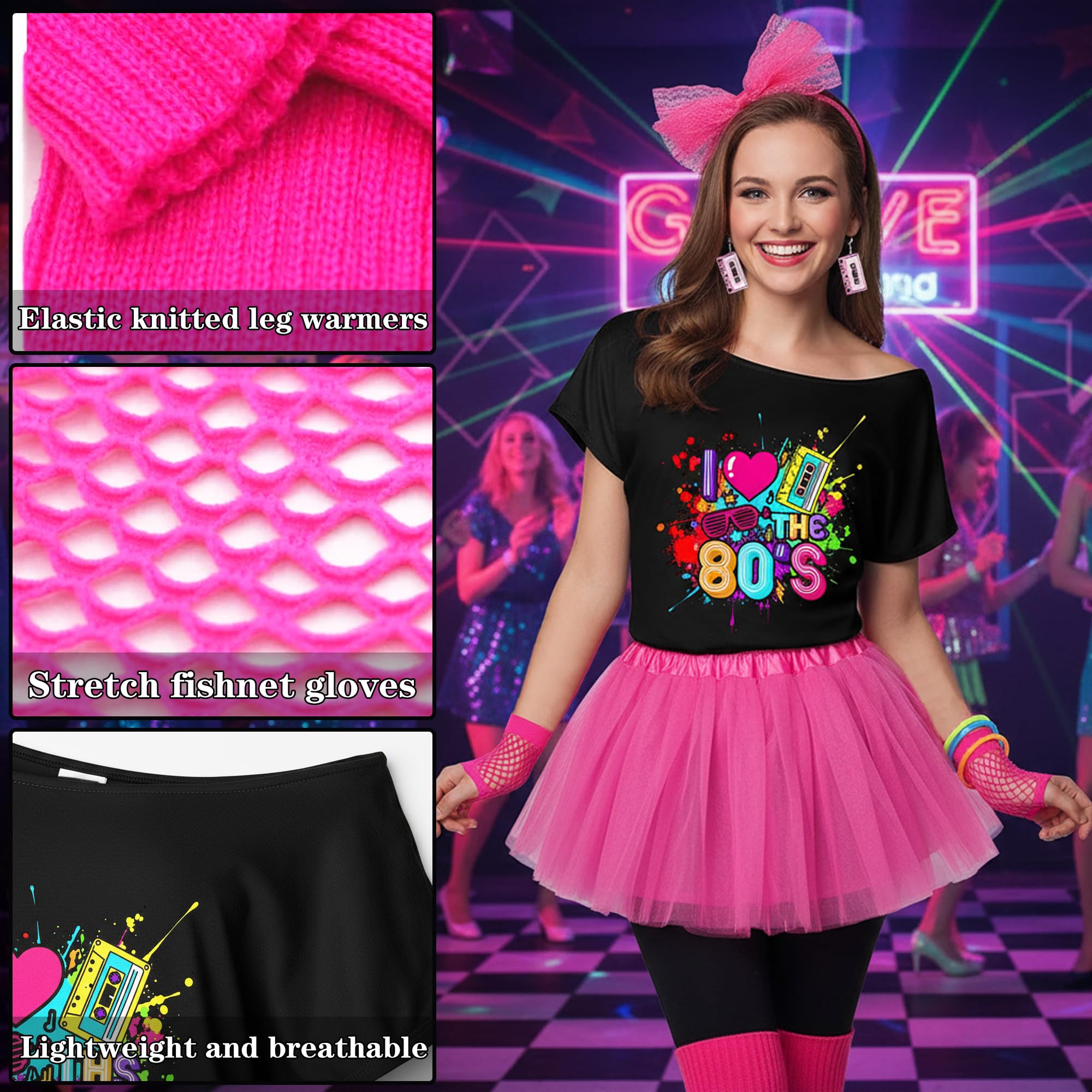 80er Jahre Outfit Damen Set - 80er kostüm Accessoires mit T-Shirt Tutu-Rock Stirnband Ohrring Neon Armband, Netzhandschuhe für Karneval Fasching Party Retro Mottoparty Kleidung