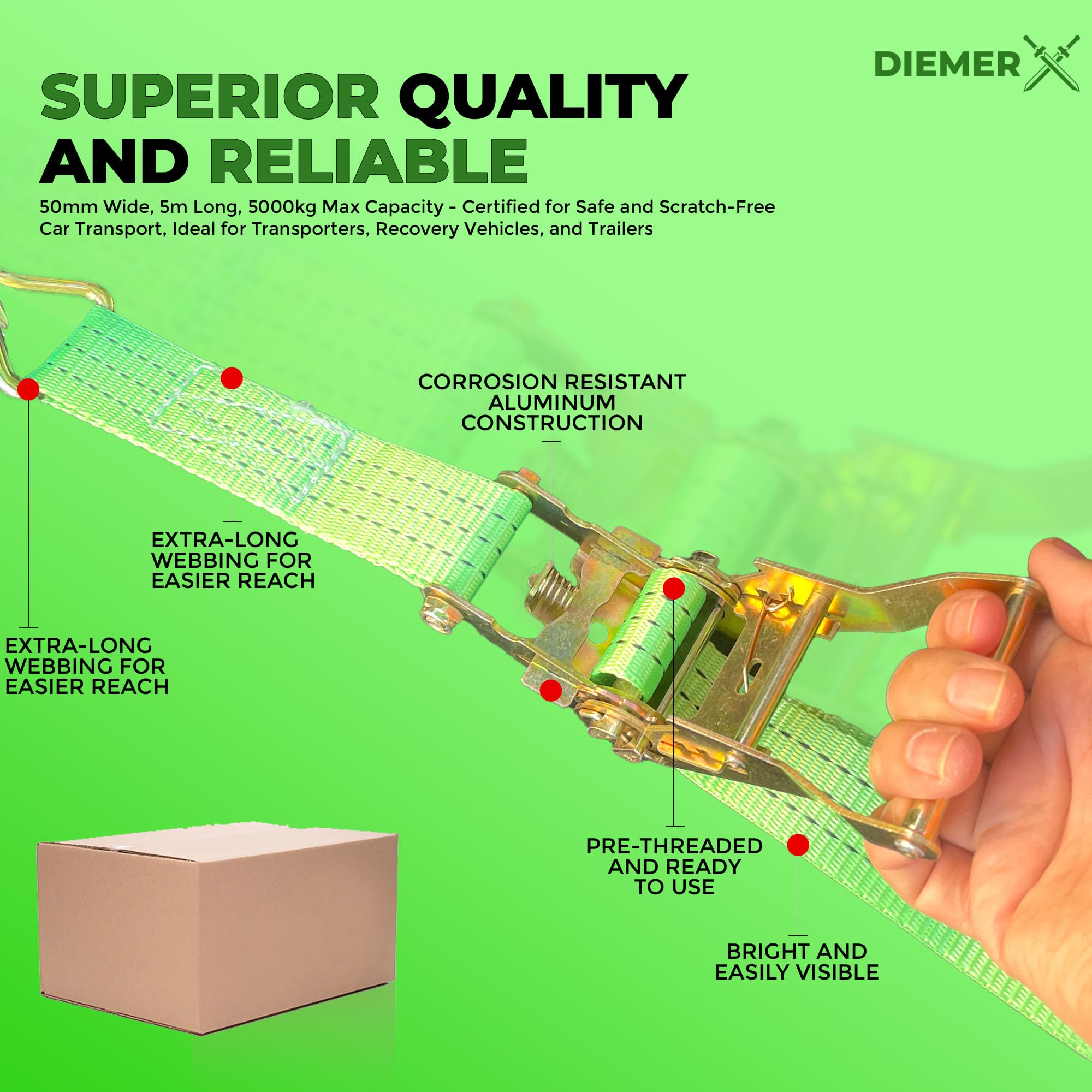 DIEMER® Set di cinghie per rimorchio e auto, con cricchetto, per veicoli di recupero, 5000 kg, 4 pezzi