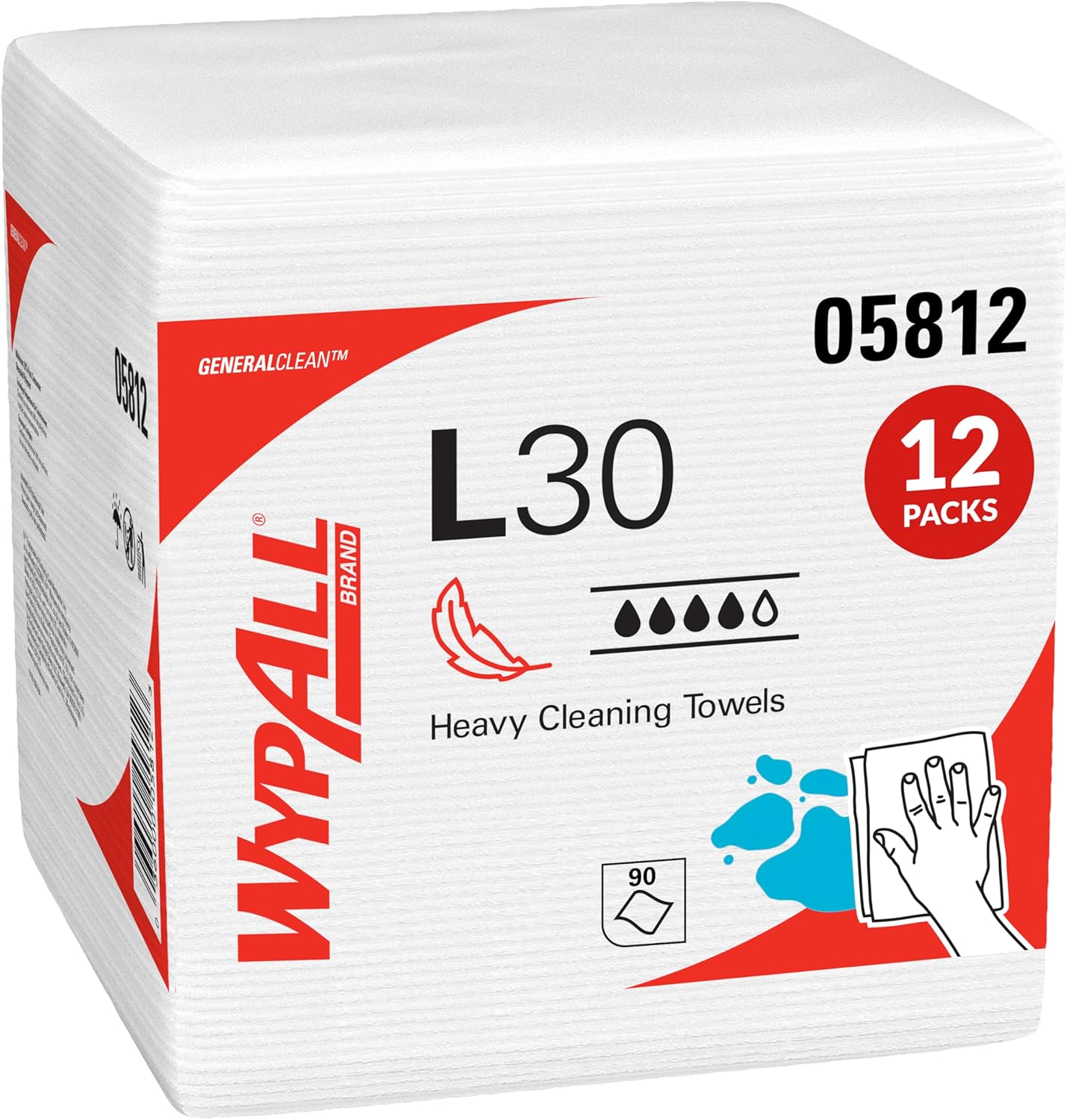 WypAll GeneralClean L30 Cloths Heavy Duty Cleaning Wipes (05812), Quarterfold, Strong and Soft Bulk Paper Wipers, White (12 Packs of 90 Sheets, 1,080 Sheet Total) 1 Count (Pack of 1080)