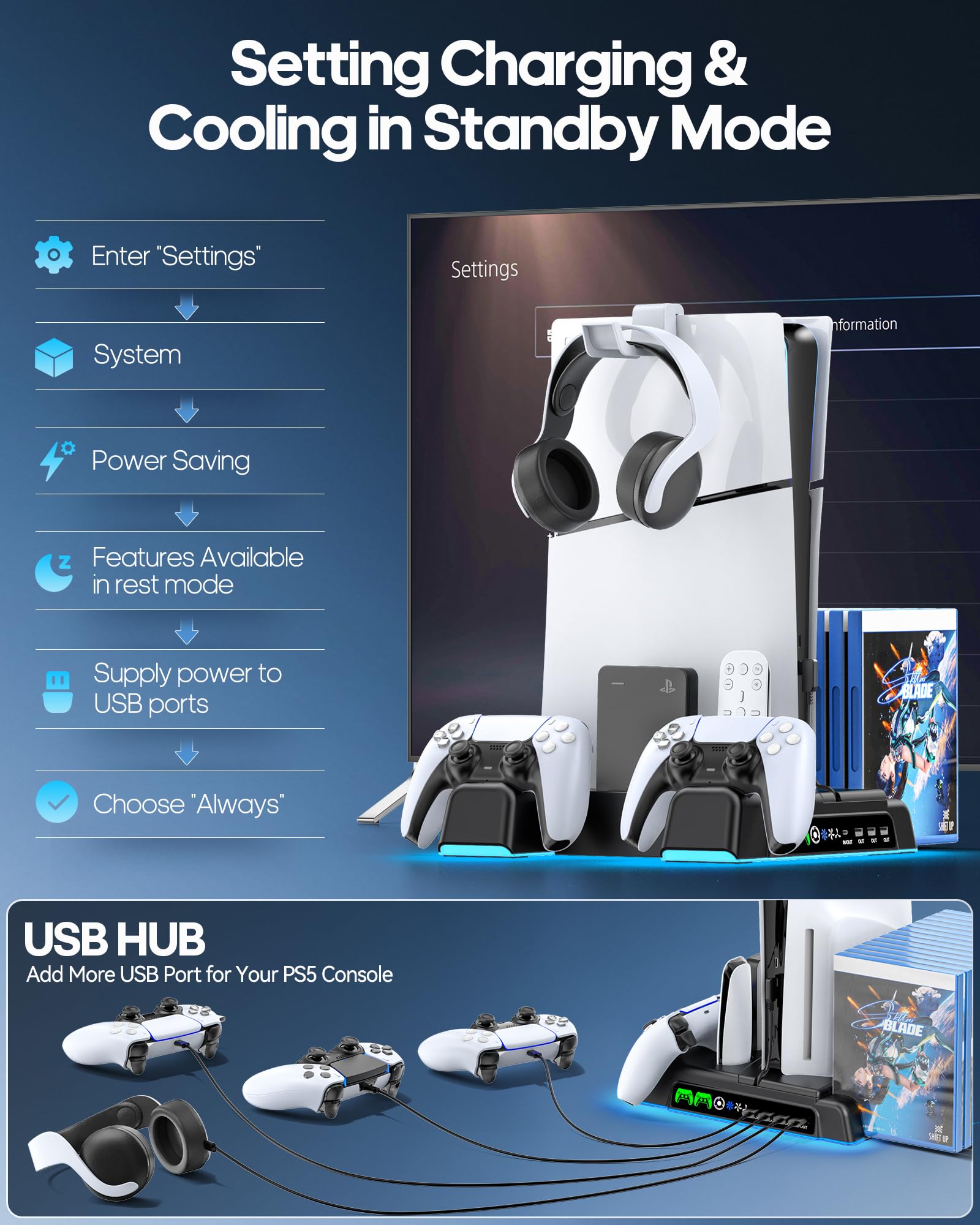 PS5/ Slim/Pro Stand for Disc & Digital Console, PS 5 Cooling Station with Dual Controller Charging Station for PlayStation 5 Console, 3-Level Fan PS5 Controller Charger Accessories Stand-Black thumbnail 12