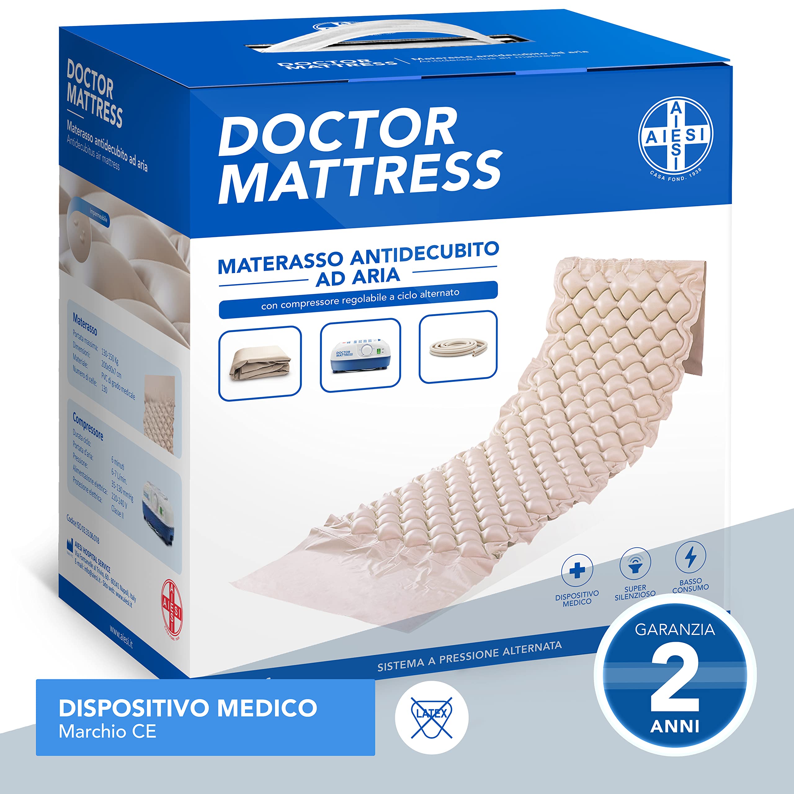 AIESI® Materasso Antidecubito a bolle d'aria con compressore regolabile a ciclo alternato DOCTOR MATTRESS, 130 Celle, Portata 150 Kg, Super-silenzioso, Kit di riparazione, Garanzia Italia 24 mesi