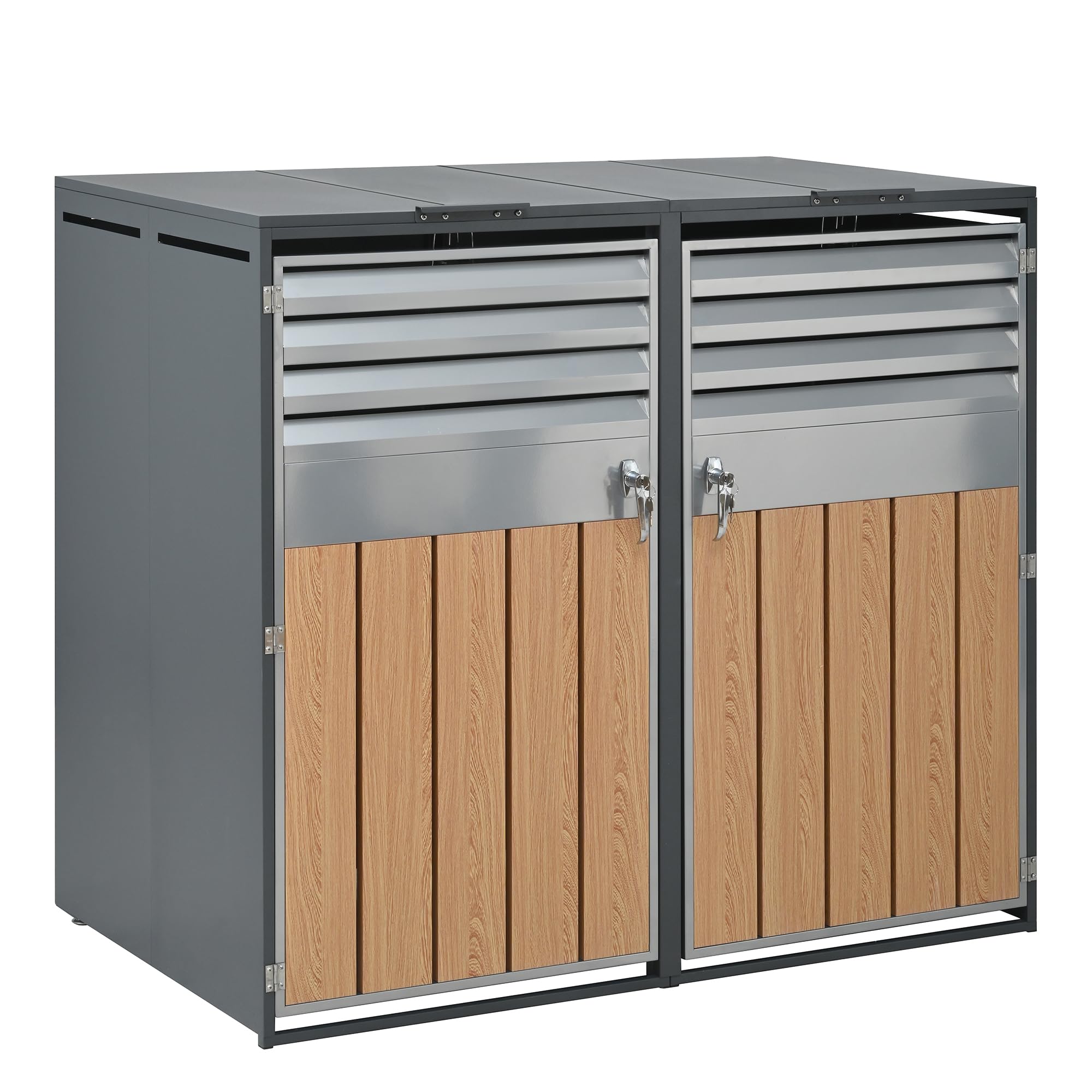 Merax Cache-poubelles 2 avec couvercle à charnière, armoire verrouillable en acier galvanisé, revêtement de poubelles avec ouverture d'aération et lamelles, deux portes