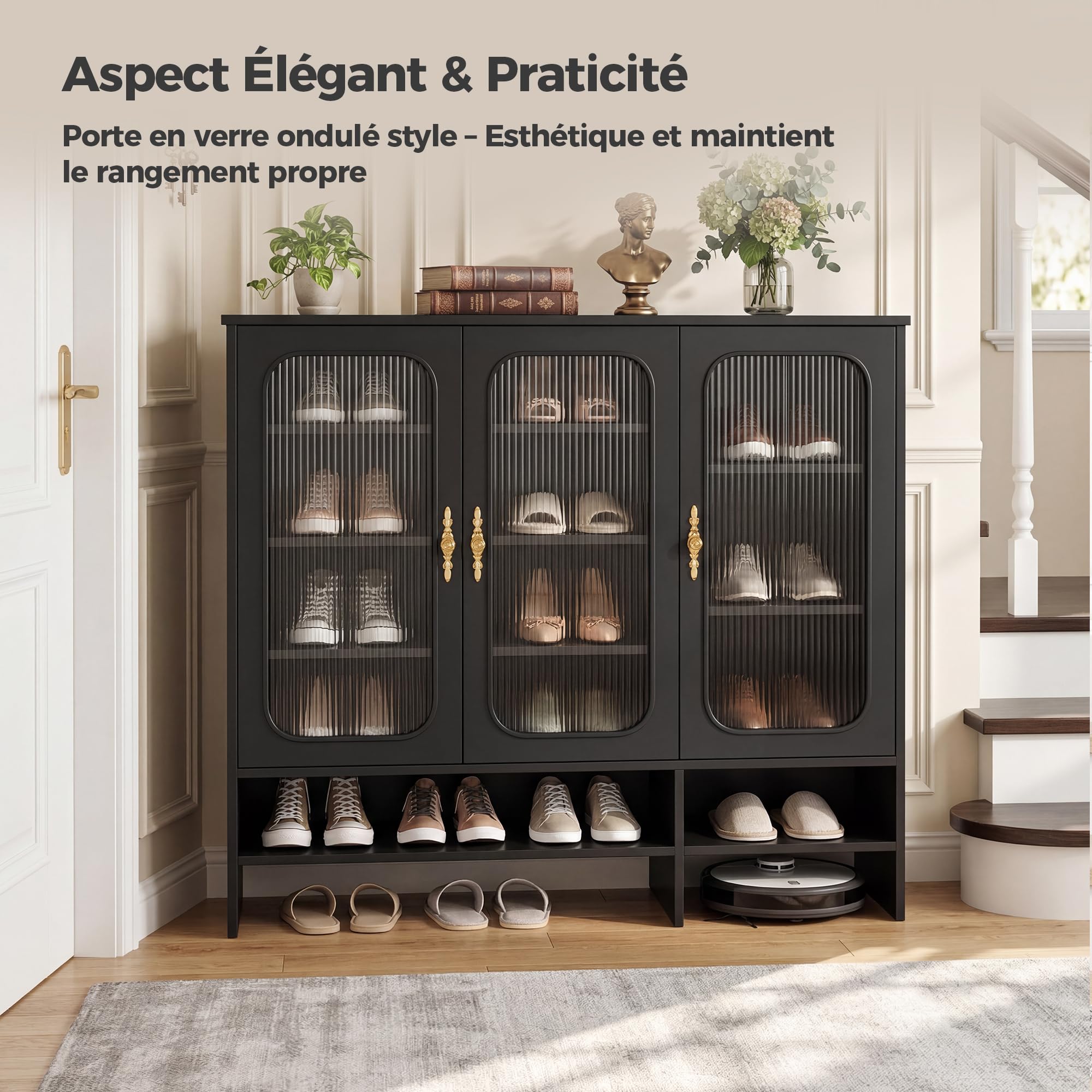 Meuble à Chaussures, Meuble avec 3 Verre Porte et 5 étagères Réglables