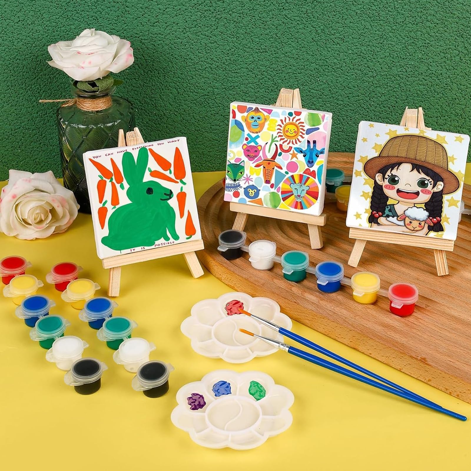 45 Stück Mini Leinwand mit Kunststaffelei, 9 kleine dreieckige Künstlerstaffelei mit 9 Leinwänden,9 Pinseln und 9 Farbpaletten und 9 Aquarellfarben für Amateure und Künstler