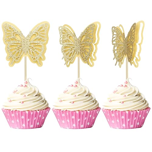 Miniatura 1 de Gyufise 24 adornos de mariposa para cupcakes con purpurina hueca 3D mariposa para cupcakes, decoraciones para temática de mariposa, boda,