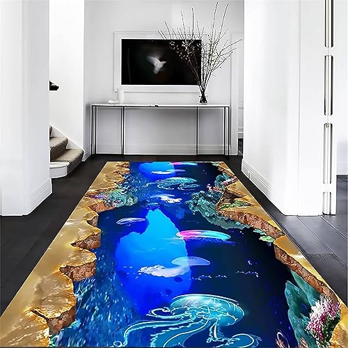 Miniatura 3 de Alfombra de corredor de animales marinos, 2.6 x 10 pies, hermosa alfombra 3D de medusas del mundo submarino, alfombra de pasillo de ilusión óptica