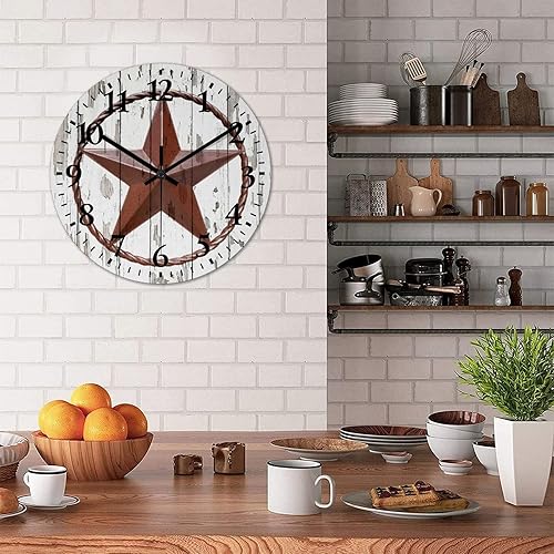 Miniatura 4 de Reloj de pared redondo de 15 pulgadas con estrella del oeste de Texas reloj de pared decorativo de madera antigua sin tictac funciona con pilas