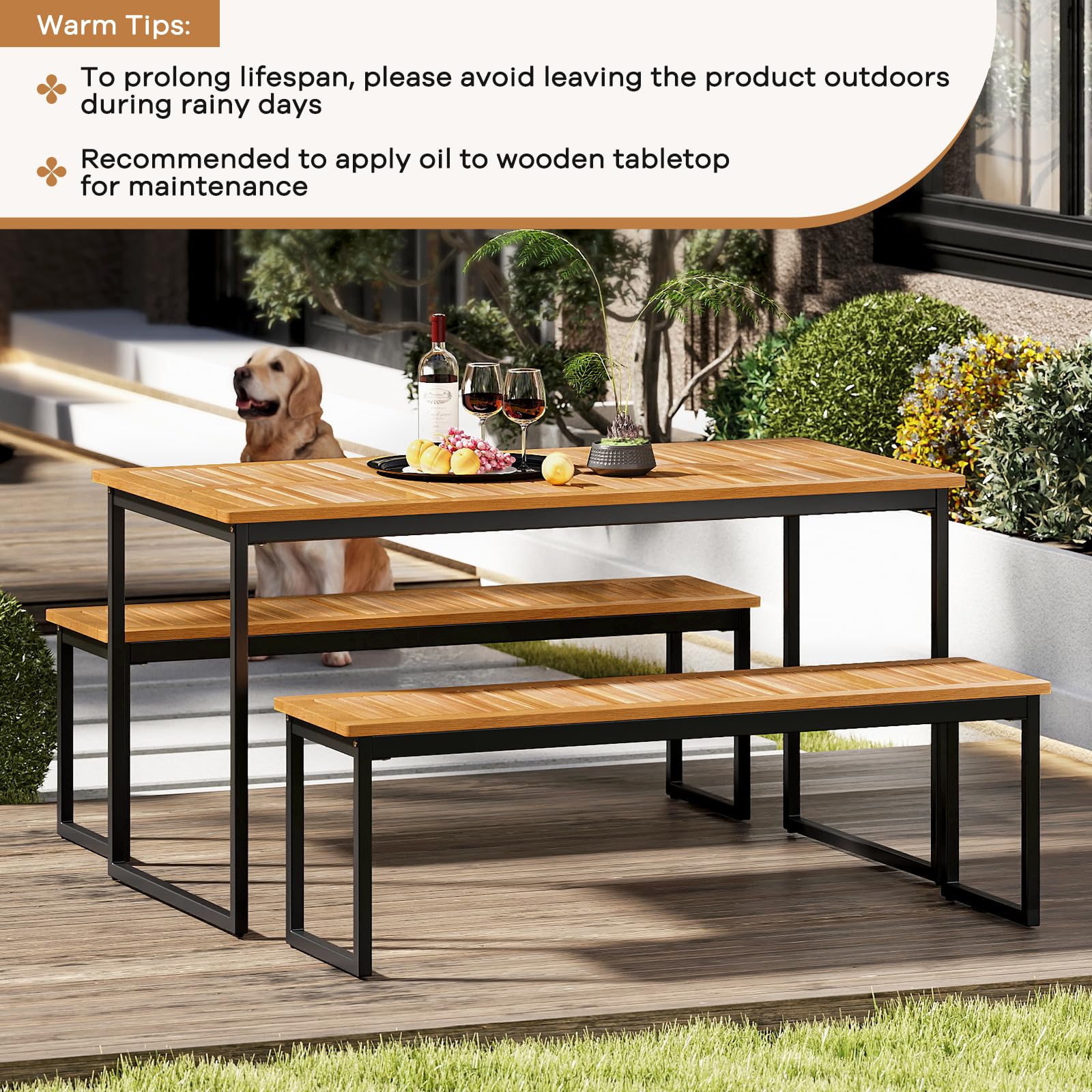 Tangkula Patio Dining Bench Set of 2, 2-3-person Backless Bench with Slatted Seat & Metal Legs, Indoor Outdoor Bench for Entryway, Front Porch, Garden, Poolside, Farmhouse Kitchen Dining Seat