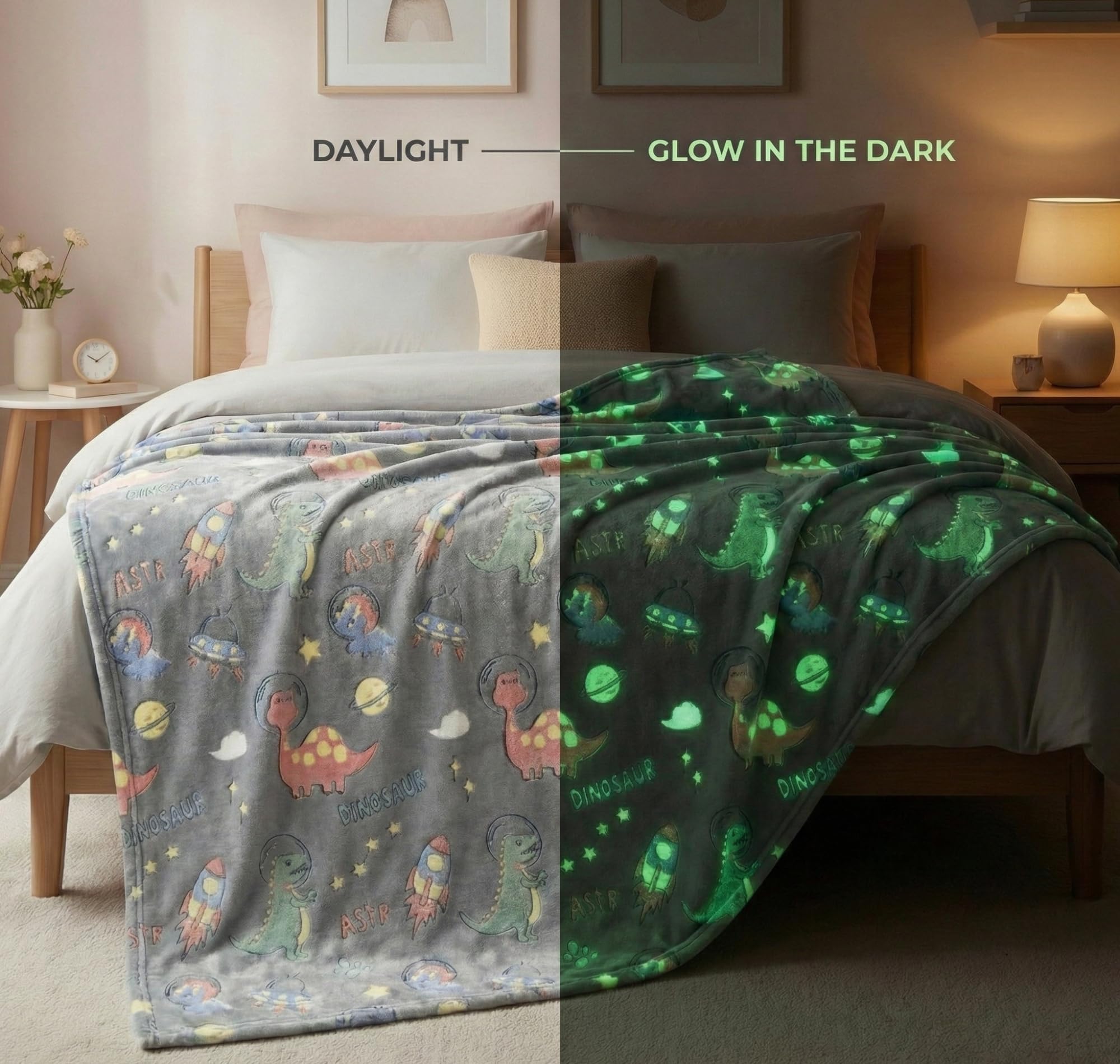 BSB HOME Glow in The Dark Kids Blanket, Soft Flannel Fleece Luminous Blanket for Boys & Girls, Cozy Lightweight Kids Throw for Bed β 42 x 60 in (107 x 152 cm) (Dinosaur & Space Theme - Charcoal Grey) 4