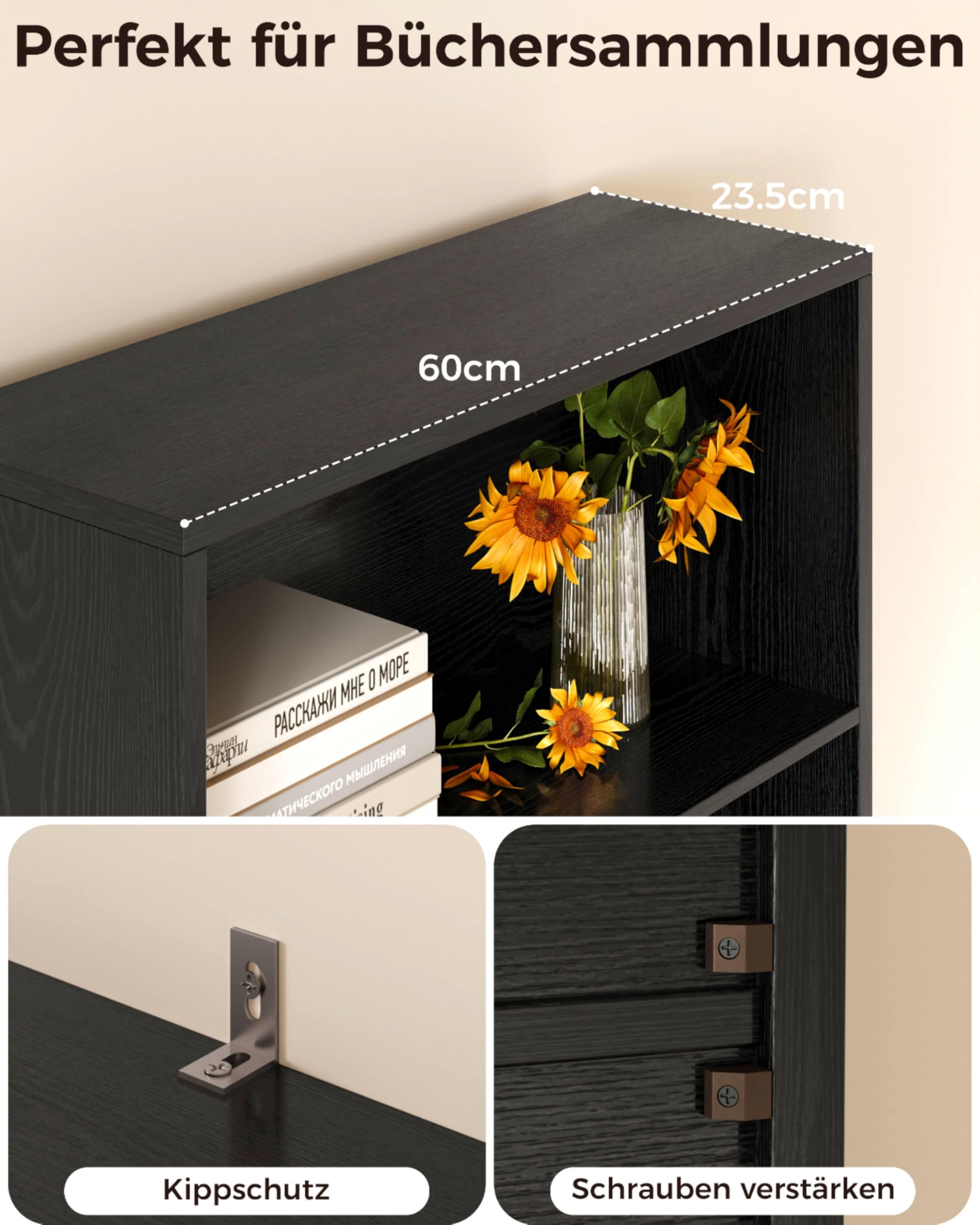 IRONCK Bücherregal mit Türen, Standregal mit 6 Ebenen, Holz Regal mit Türen, Bücherschrank, offenes Aufbewahrungsregal für Arbeitszimmer, Büro, Wohnzimmer, Schlafzimmer 180 x 60 x 23.5cm (schwarz)