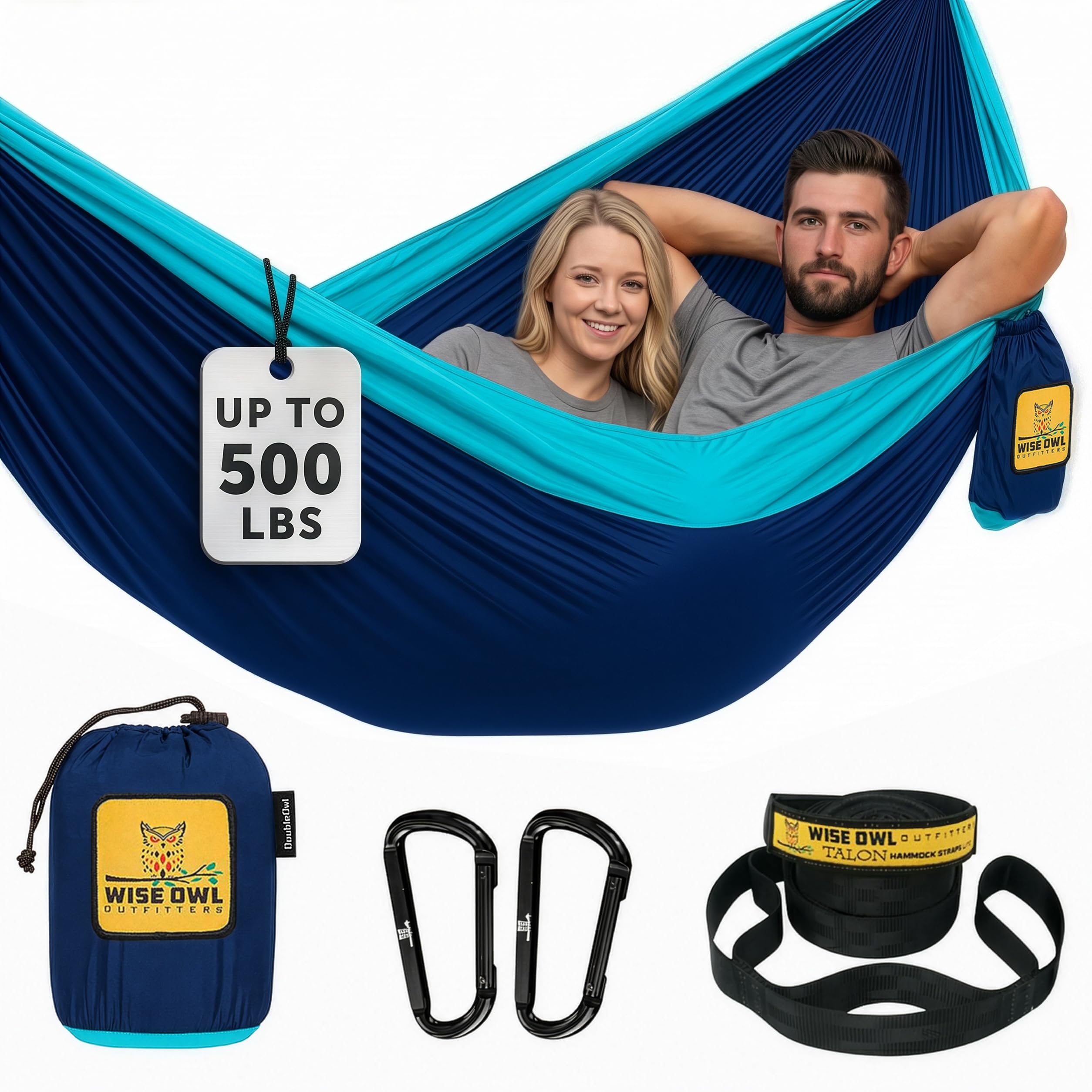 Hammock for Camping Double Hammocks Gear for The Outdoors Backpacking Survival or Travel - Portable Lightweight Parachute Nylon DO Navy & Lt Blue