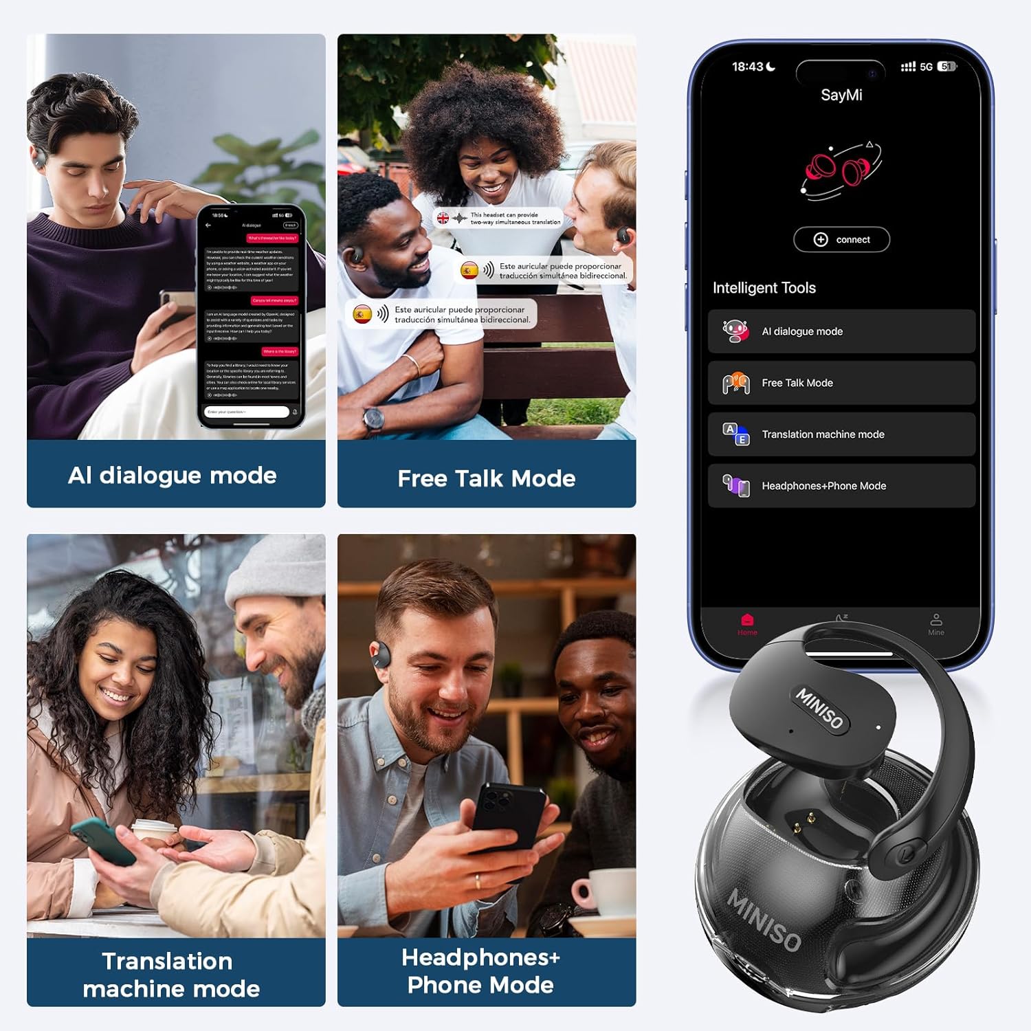 MINISO X15 PRO Translation Earbuds Open Ear Headphone Bluetooth 5.4 OWS AI Headphones Support 148 Languages Wireless Ear Buds with Earhooks IPX5 Waterproof Bluetooth Black(with AI) - Image 4