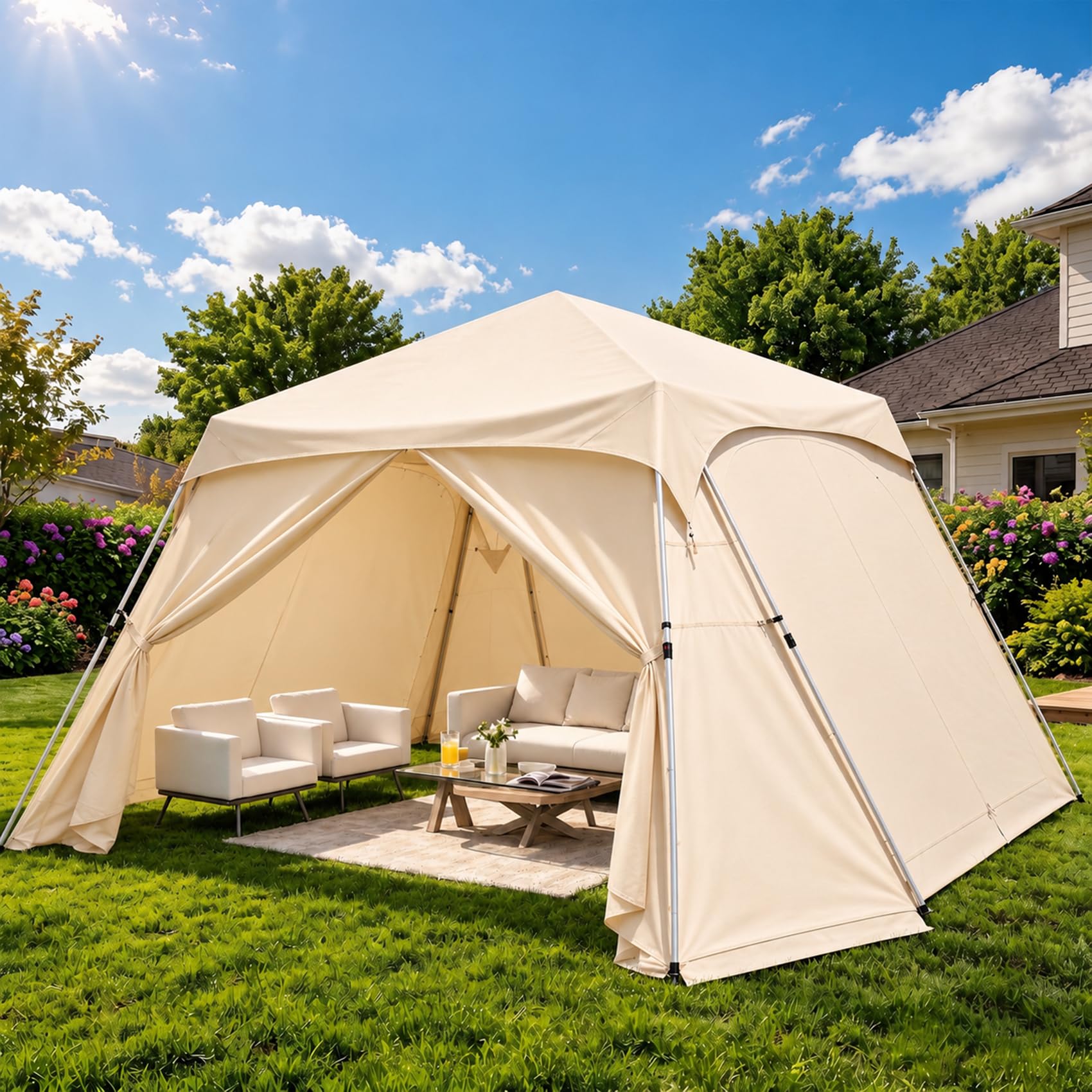 Alvantor® 12' x 12' Pop Up Gazebo with 4 Polyester Side Curtains, Instant Canopy, Waterproof &amp; UV Protection, Privacy, Portable Pergola for Patio, Backyard, Camping, Beach Garden &amp; Poolside