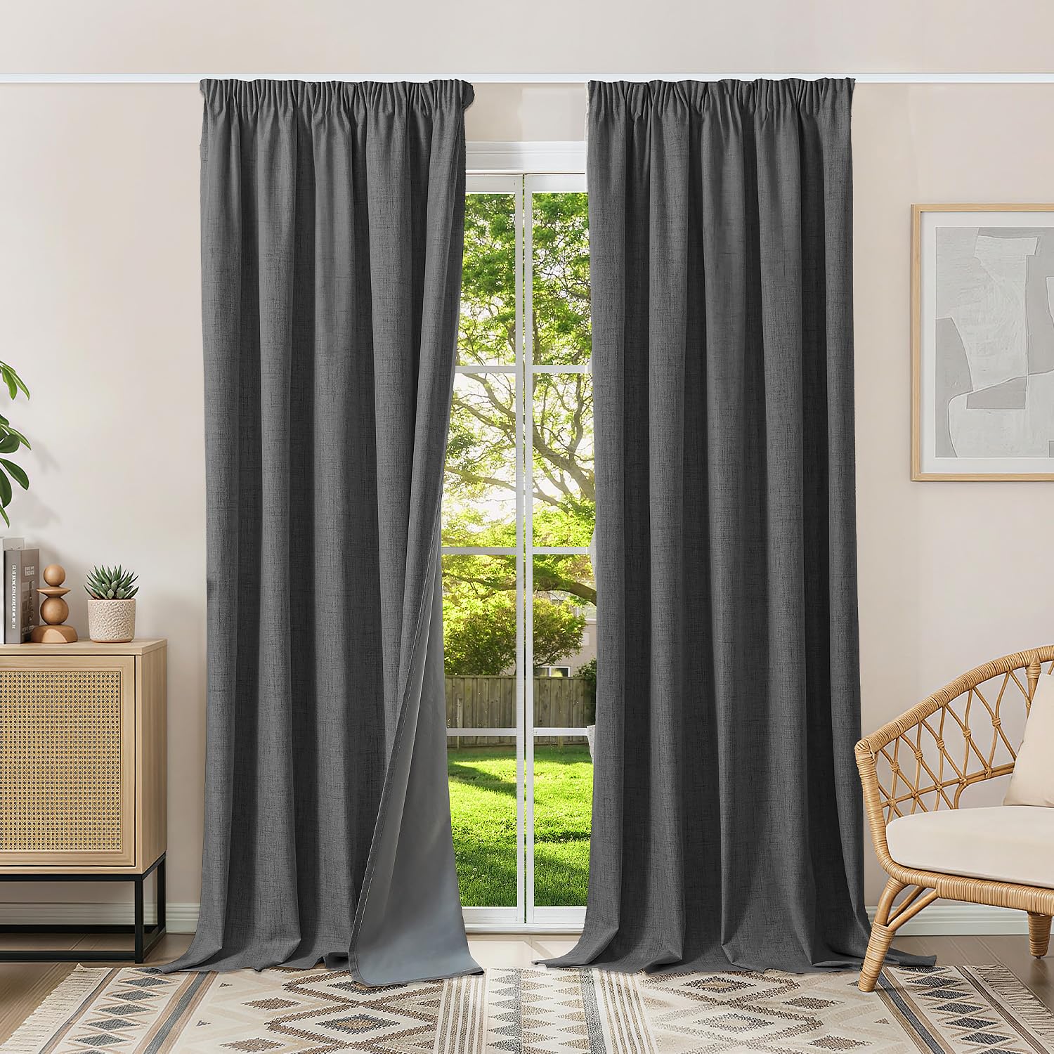 Runyéla 100% Blackout Curtains Pencil Pleat Linen Curtain for Bedroom Living Room Thermal Insulated 46 x 90 Inch Drop 2 Panels Gray