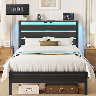 Rolanstar Twin Size Metal Bed Frame with LED Lights, USB/Type-C Charging, Headboard Storage & 10.5" Underbed Space - No Box Spring, 700lbs Capacity