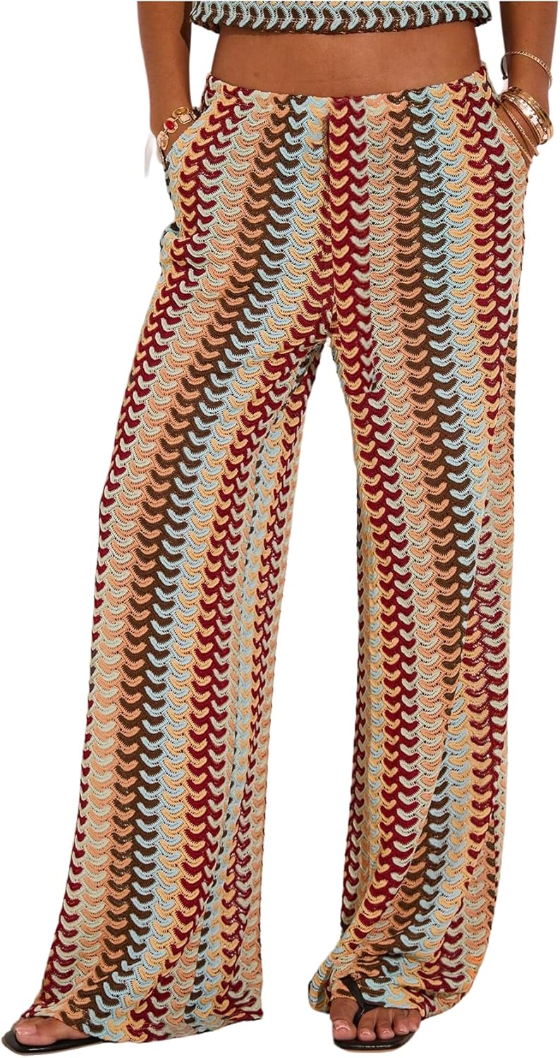 GORGLITTER Women's Crochet Color Block Pants Boho Casual Low Elastic Waisted Wide Leg Trousers Dressy Festival Outfit