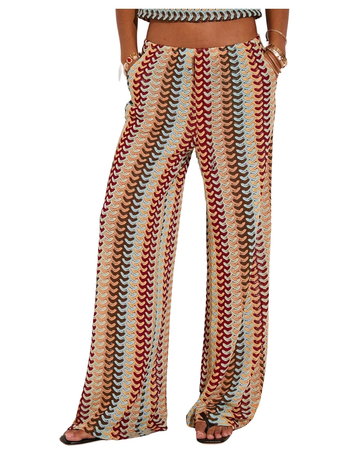 GORGLITTER Womens Crochet Color Block Pants Boho Casual Low Elastic Waisted Wide Leg Trousers Dressy Festival Outfit