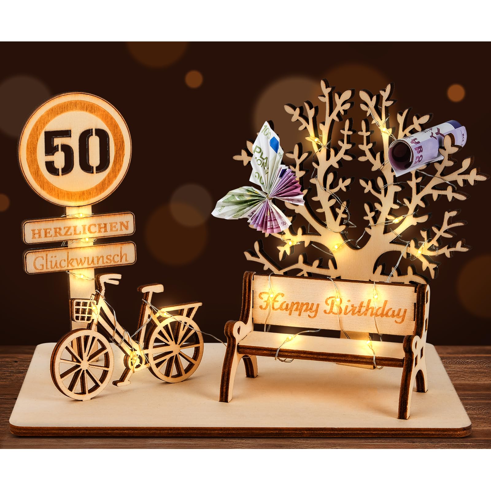 I LOVE MOM Geldgeschenk Geburtstag Holz, Fahrrad Geschenk, DIY Holz Schild Gästebuch Dreidimensionale Bäume Sitzbank Deko Zahlen für Geschenke, Hochzeiten, Partys, Geburtstage, Jubiläum (GYY-50)