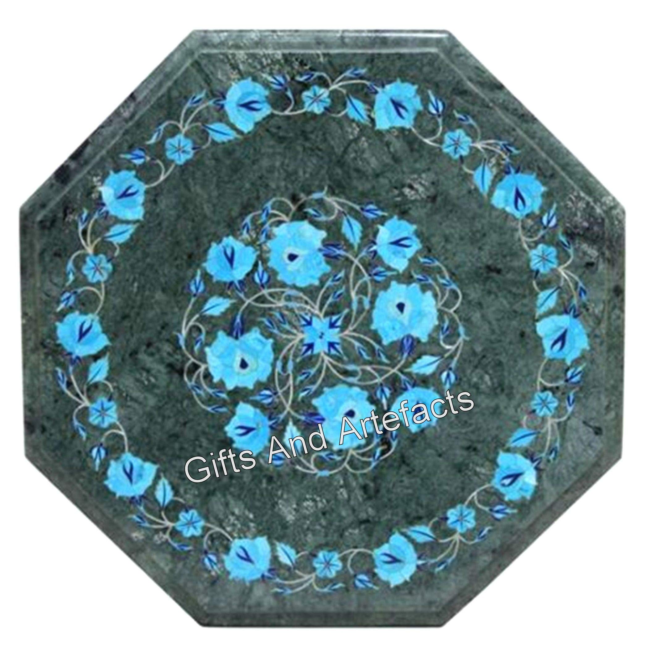 Table basse en marbre vert 35,6 cm ornée d'une incrustation géométrique de turquoise authentique