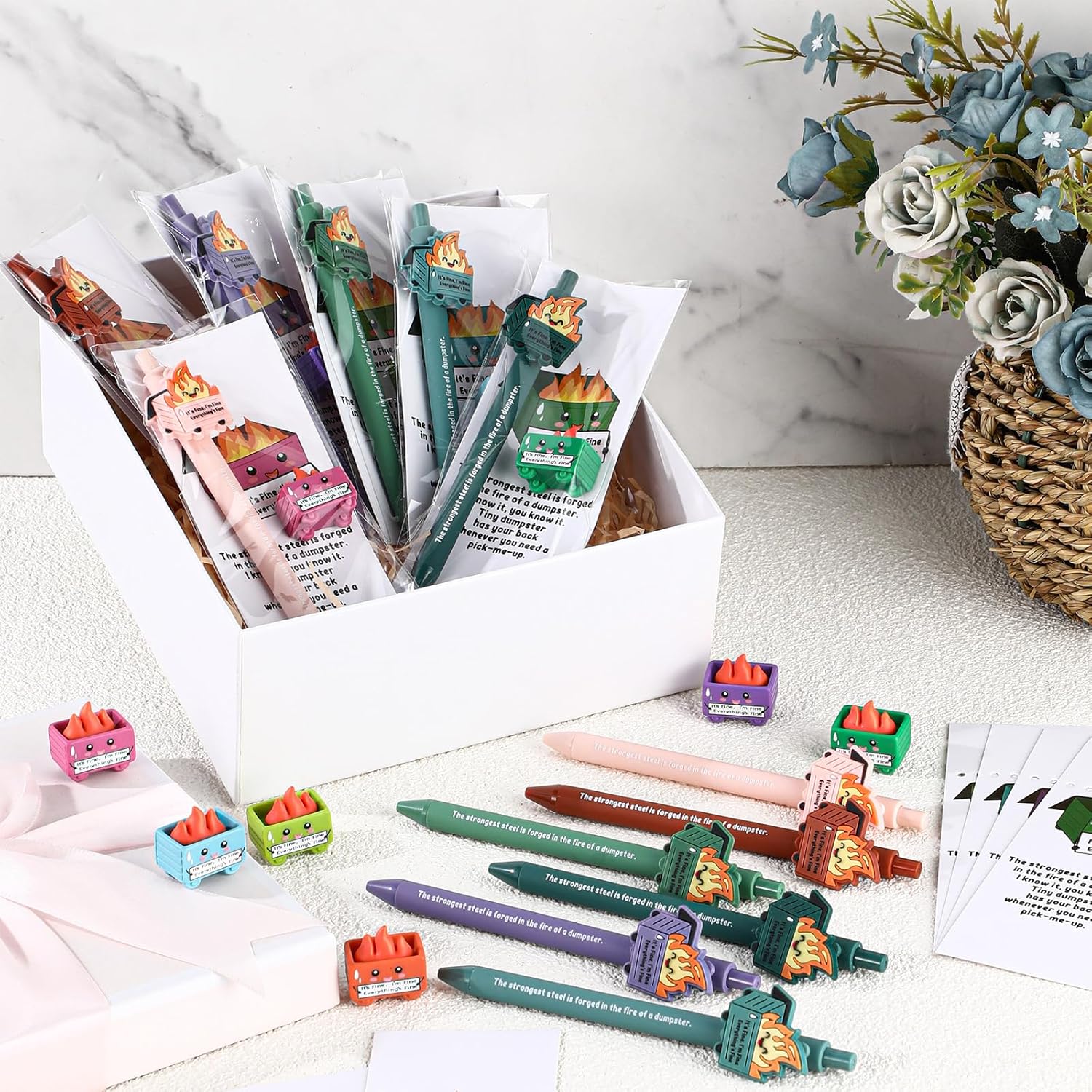 Sayglossy 36 Set Dumpster Funny Desk Accessories Positive Appreciation Gift for Nurses Teachers Bulk Thank You Inspirational Pens Mini Figurine Card Bookmark for Employee Administrative Professionals