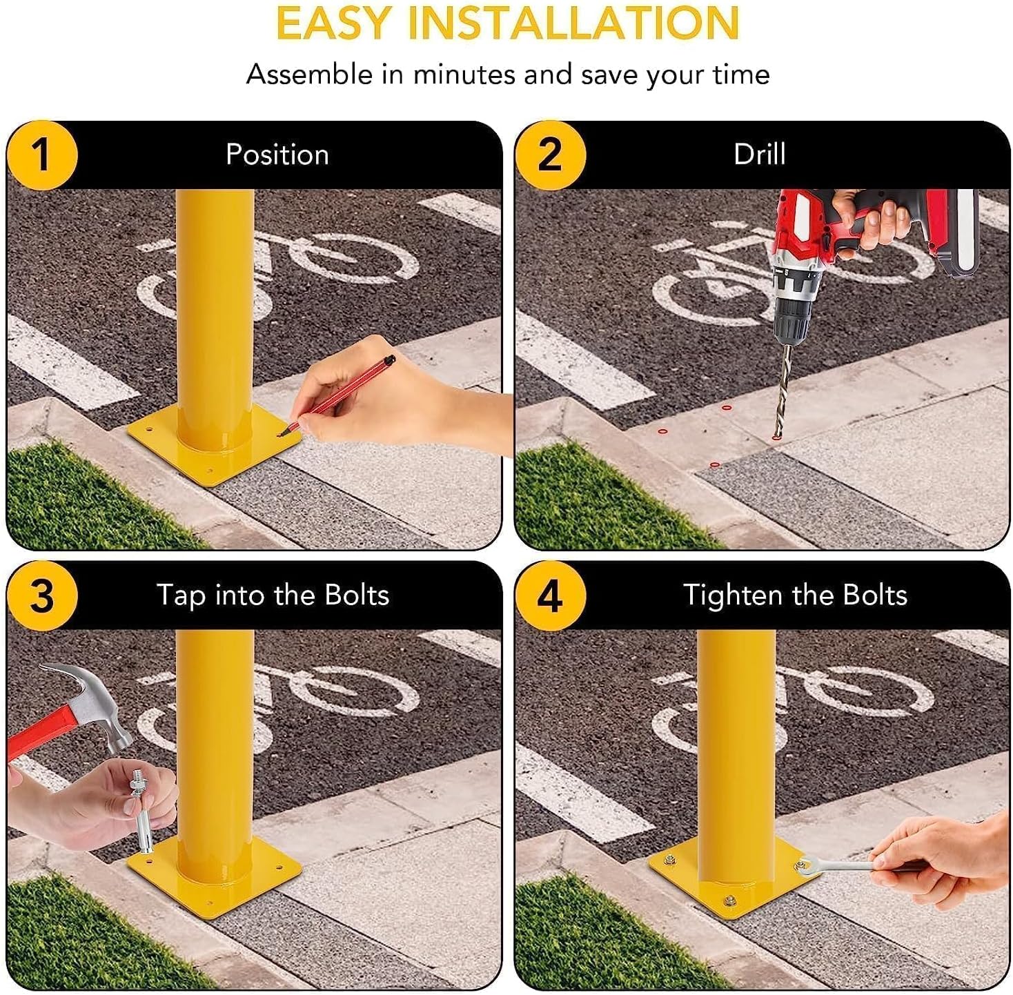 TROPOW Safety Bollard, 4 Packs 36 Inch metal Safety Bollard Post with 16 Anchor Bolts, 4.5 Inch Diameter Steel Safety Bollard for Driveway Barrier, Parking Pole,Traffic Control