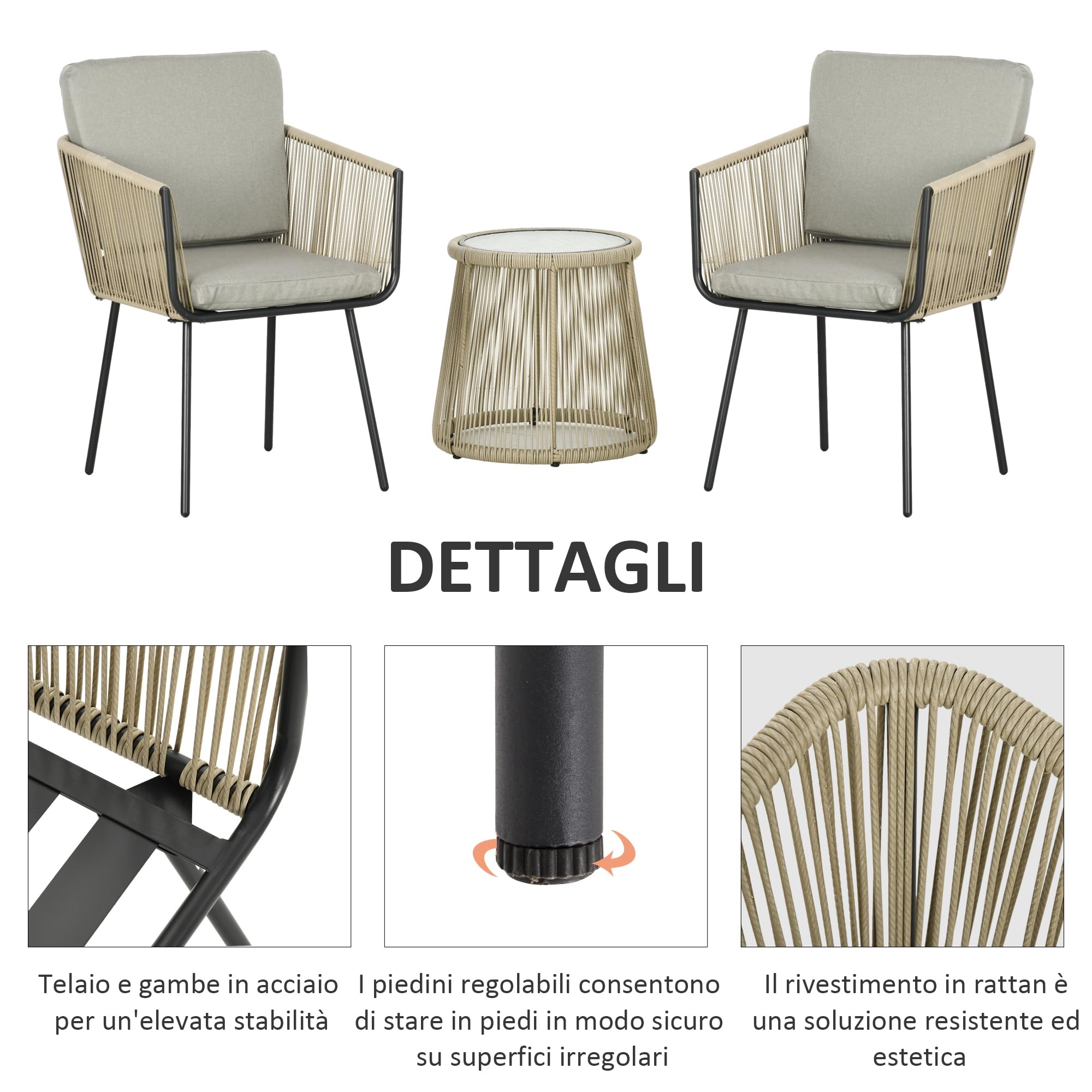 Outsunny Set da Giardino 3 Pezzi in Rattan PE e Acciaio, Set 2 Sedie con Cuscini Lavabili, Braccioli, Tavolino da Caffè con Piano in Vetro, Set di Mobili da Balcone Patio Cortile, Caffè/Grigio Chiaro