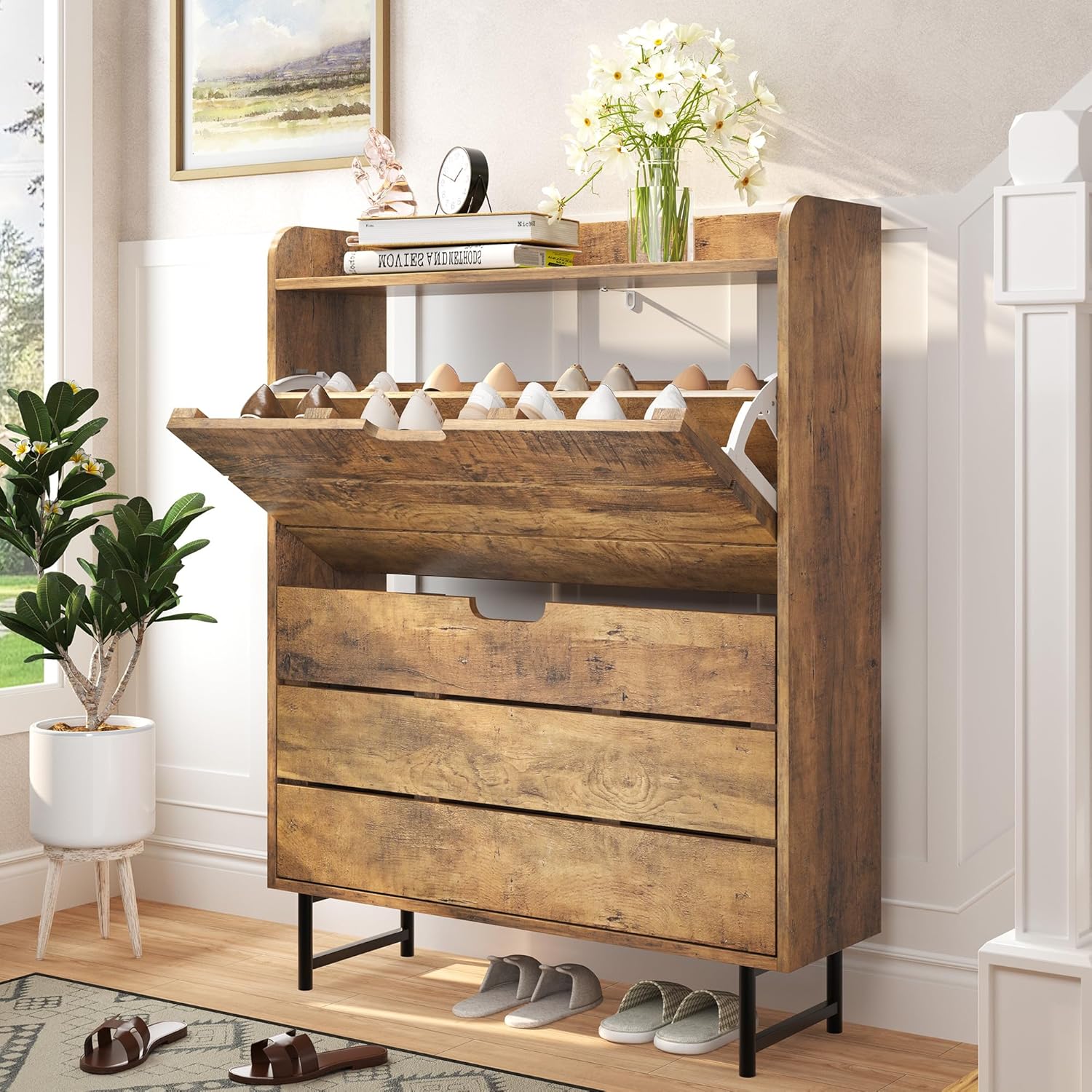 Shoe Storage Cabinet with 2 Flip Drawers, Wooden Shoe Rack Organizer Cabinet with Adjustable Shelf, Narrow Shoe Cabinet for Entryway, Hallway, Living Room (Oak)