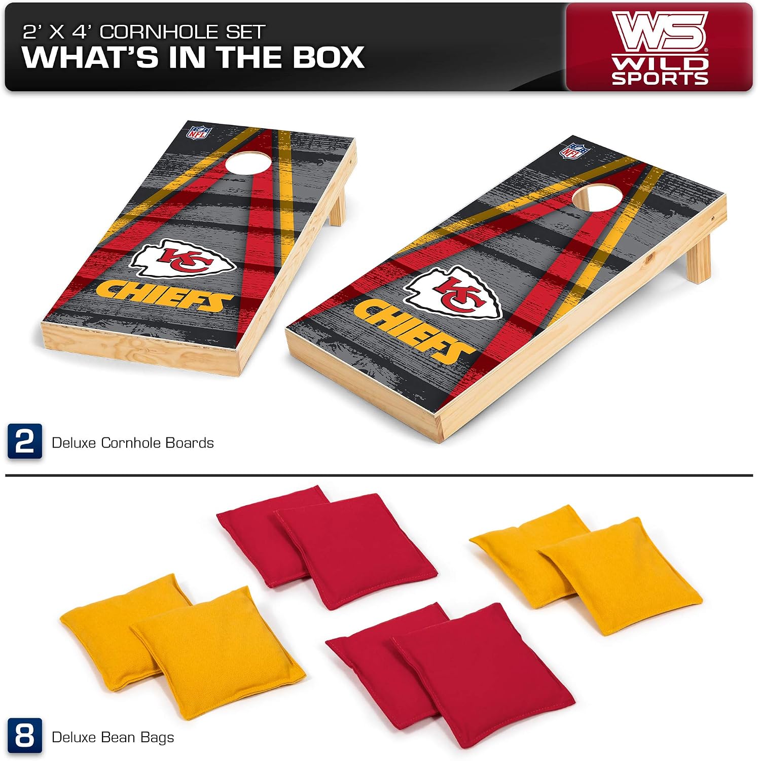 NFL Pro Football 2' x 4' Wood Direct Print Tournament Cornhole Set by Wild Sports, Comes with 8 Bean Bags - Perfect for Tailgate, Outdoor, Backyard
