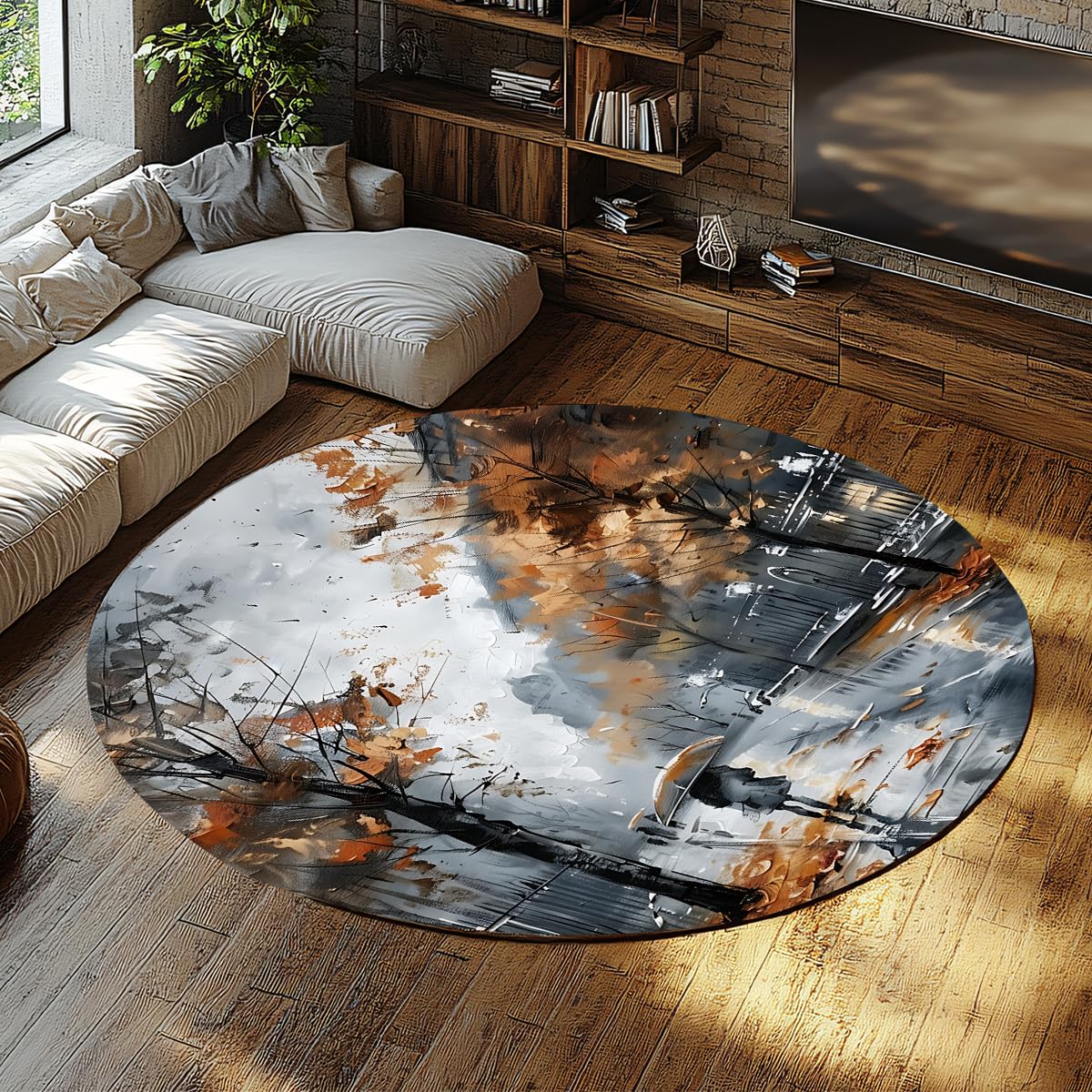 Tapis rond style urbain pour salon chic inspiré des rues de Paris après la pluie