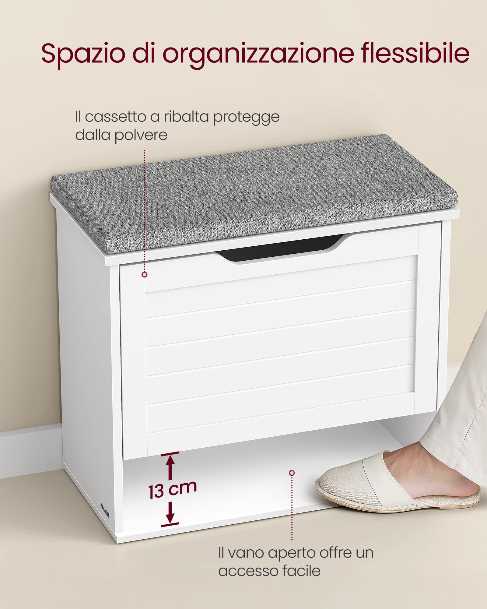 VASAGLE Panchina Scarpiera a 3 Ripiani per 6 Paia di Scarpe, Panca da Ingresso, Cassetto a Ribalta con Divisorio Regolabile, 30 x 60 x 53,5 cm, per Camera, Bianco Nuvola e Grigio Tortora LSB121WB01