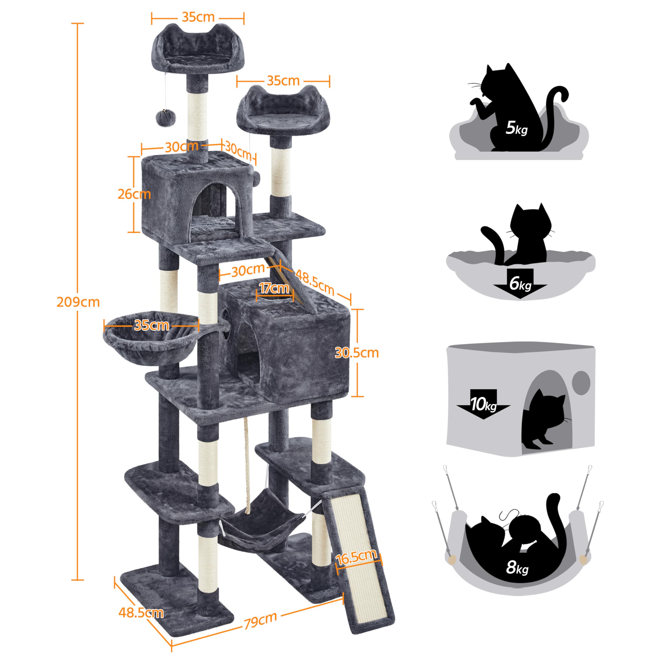 Yaheetech Rascador para Gatos 209 cm Torre Escalado Grande Gris Oscuro | Para Gatos grandes, Hamaca, Rampa sisal,Estabilidad, Fácil montaje, Duradero, Perca ancha, Cesta blanda, multifuncional