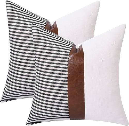 Mecatny Juego de 2 almohadas de piel sintética de 18 x 18 pulgadas con rellenos, almohadas bohemias a rayas para exteriores, cojines decorativos