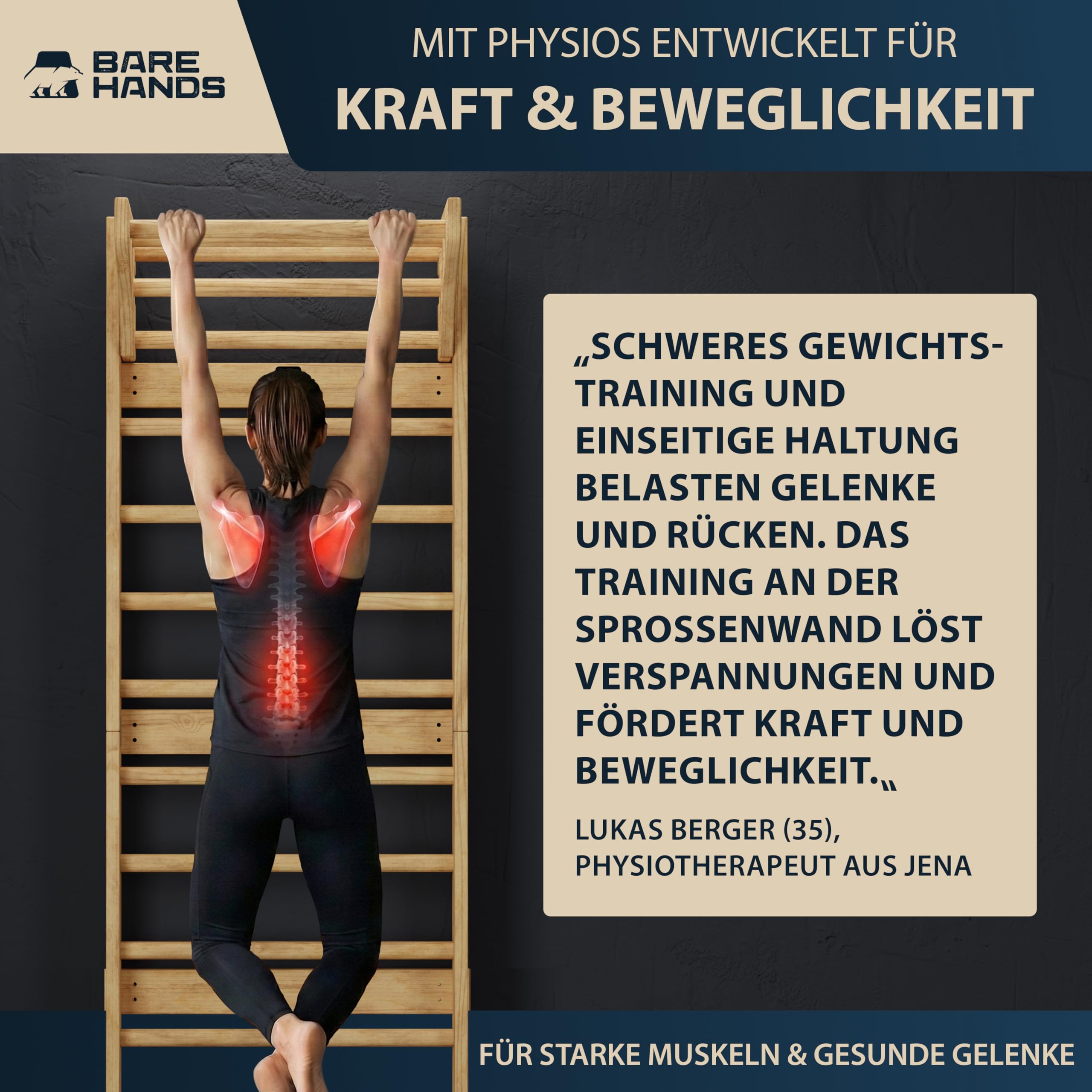 Bare Hands Sprossenwand für Erwachsene & Kinder bis 200 kg – Hochwertige Kletterwand für Zuhause & Kinderzimmer – Mit oder ohne Klimmzugstange und Dipstange erhältlich