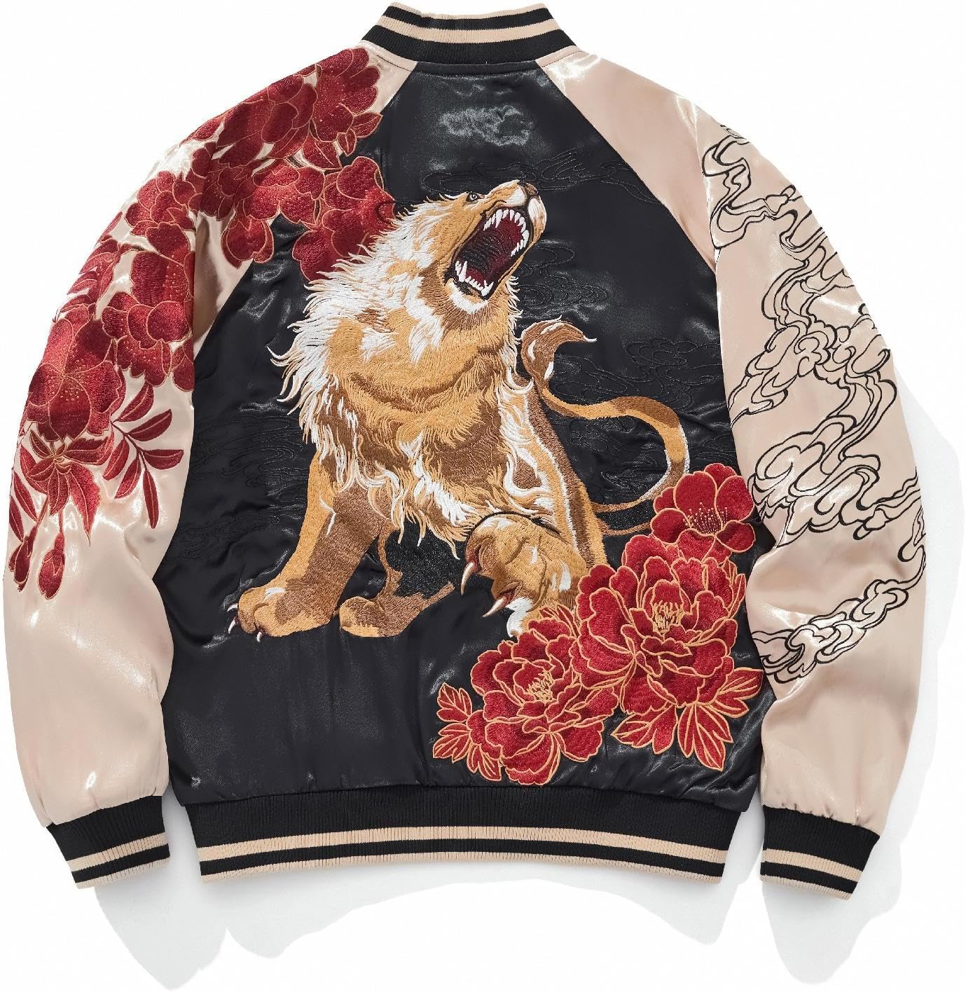 Roaring Lion Embroidered Bomber Jacket Japanese Streetwear Classic Satin Spring Fall Coat for Men Women