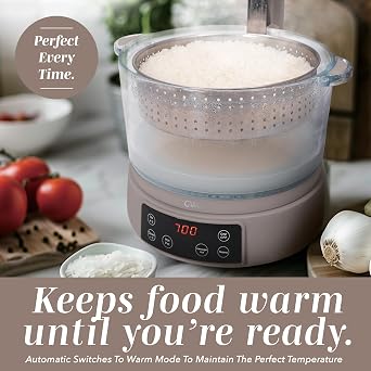 COOK WITH COLOR Glass Mini Low Carb Rice Cooker Holds 2 Cups Raw/Makes 6 Cups Cooked with Auto Lift Filter Basket, Hotpot & Steamer for Rice, Grains, Digital Panel with Keep Warm, Goat/Mink