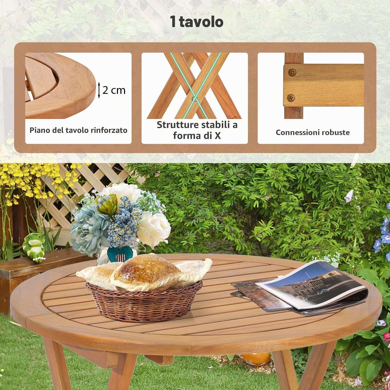 KOMFOTTEU Set da Bistrò Pieghevole in Legno, Tavolo 40kg Sedie 160kg | Set da 3 Pezzi in Legno di Acacia per Terrazza, Giardino, Balcone, Tavolo e Sedie, Naturale