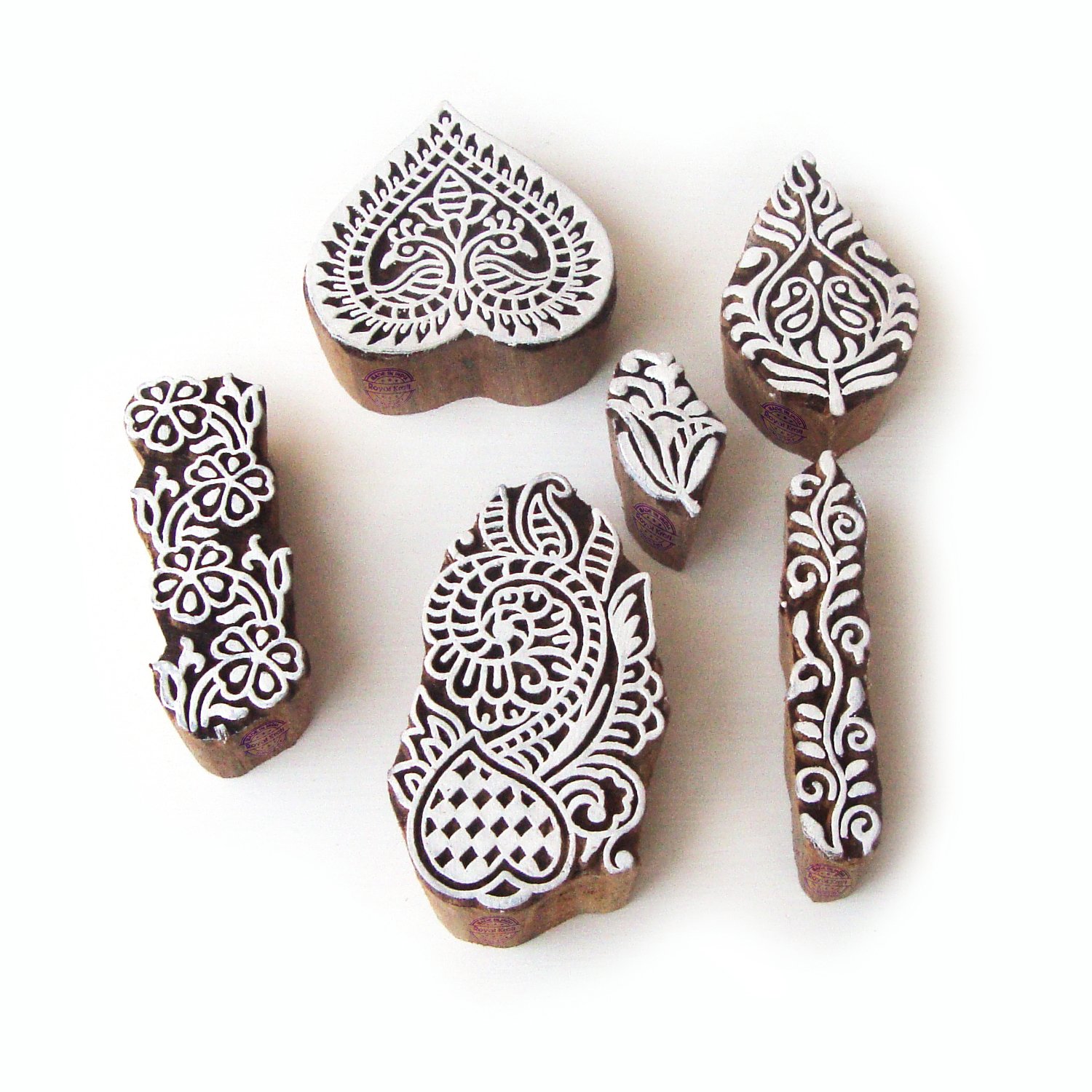 Original Heart and Leaf Pattern Wooden Blocks for Printing (Set of 6)