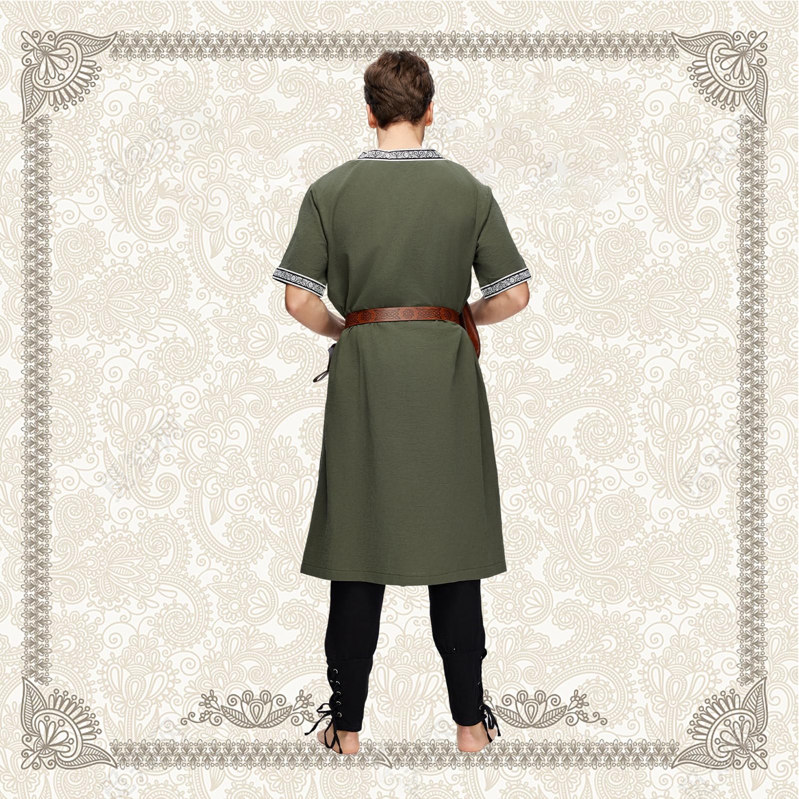 Mittelalter Kleidung Herren Set, 5 Stück Renaissance Kostüm, Kurzarm Tunika Hose mit Zubehör, Erwachsener Wikinger Viking Ritter Outfit für Halloween, Karneval, Mittelalterfest, Faschingskostüme