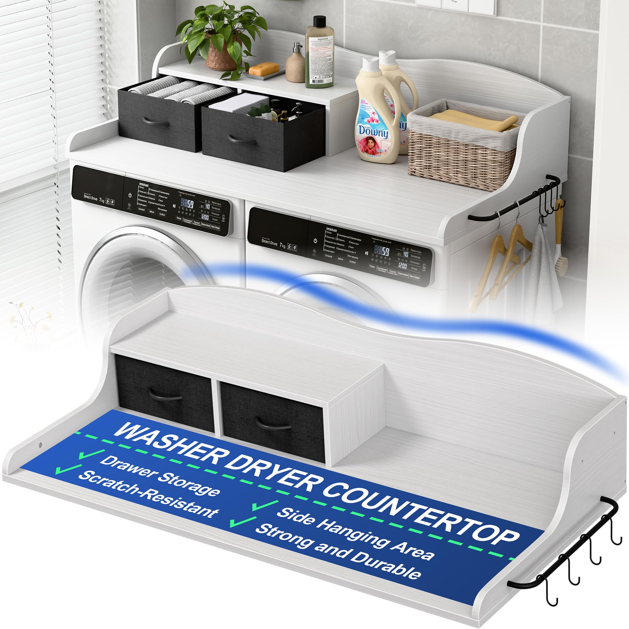 2-Tier Washer Dryer Countertop, Laundry Room Organizer with Drawers &amp; Side Hanging Rod, Wave Design Washer Top Shelf for Folding Clothes and Storage, Laundry Countertop Cover with Hooks