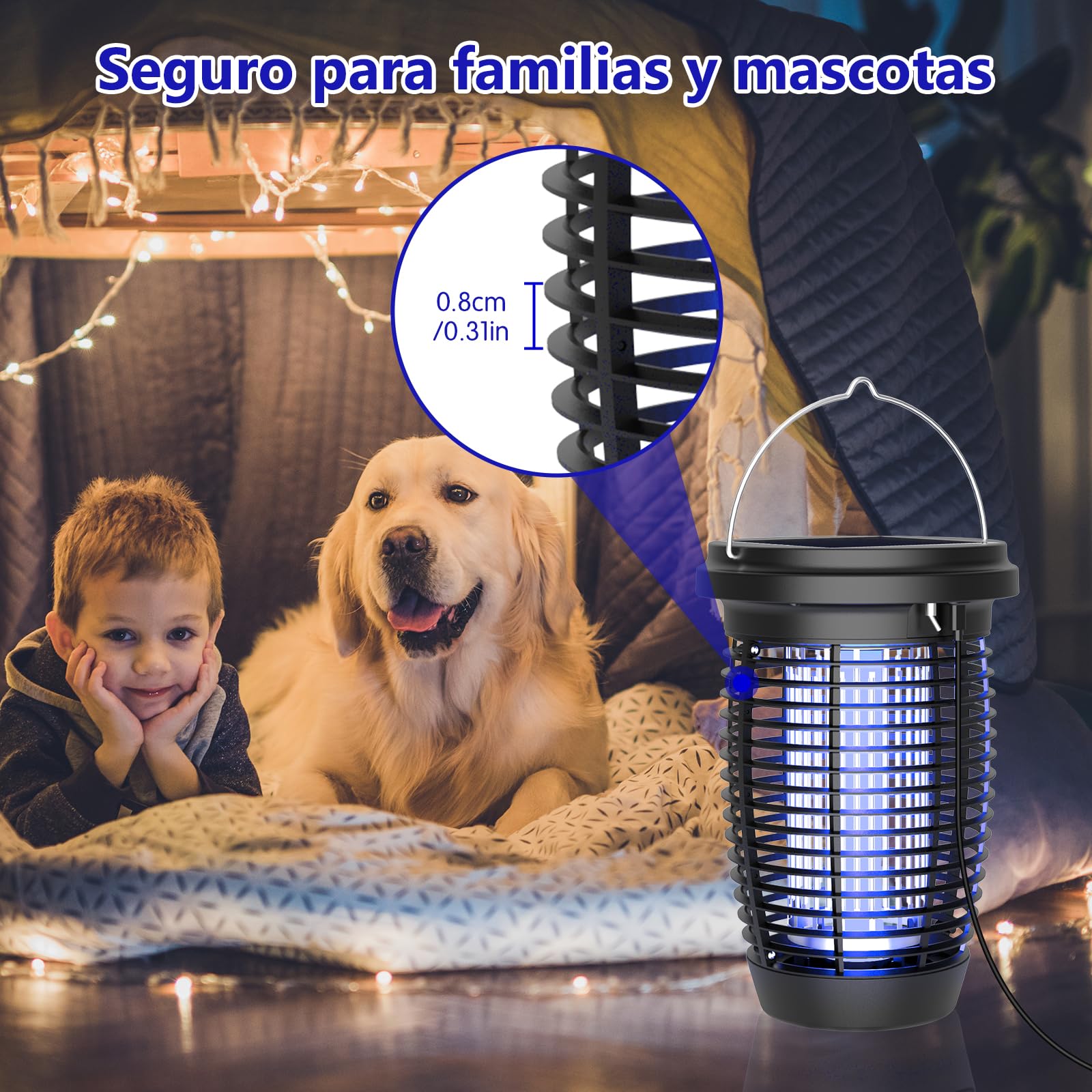 PALONE Lampara Antimosquitos Solar Type-C 4500v con Cable De 3,5 M, Antimosquitos Electrico Panel Solar de 5,5 W, Adecuado para Acampar y para Interiores y Exteriores