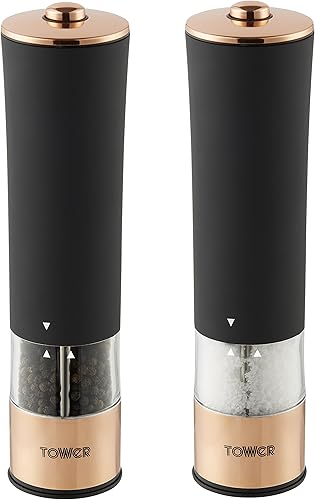 Tower T847003RB Molinillo eléctrico de sal y pimienta, acero inoxidable, cuerpo suave al tacto, oro rosa y negro