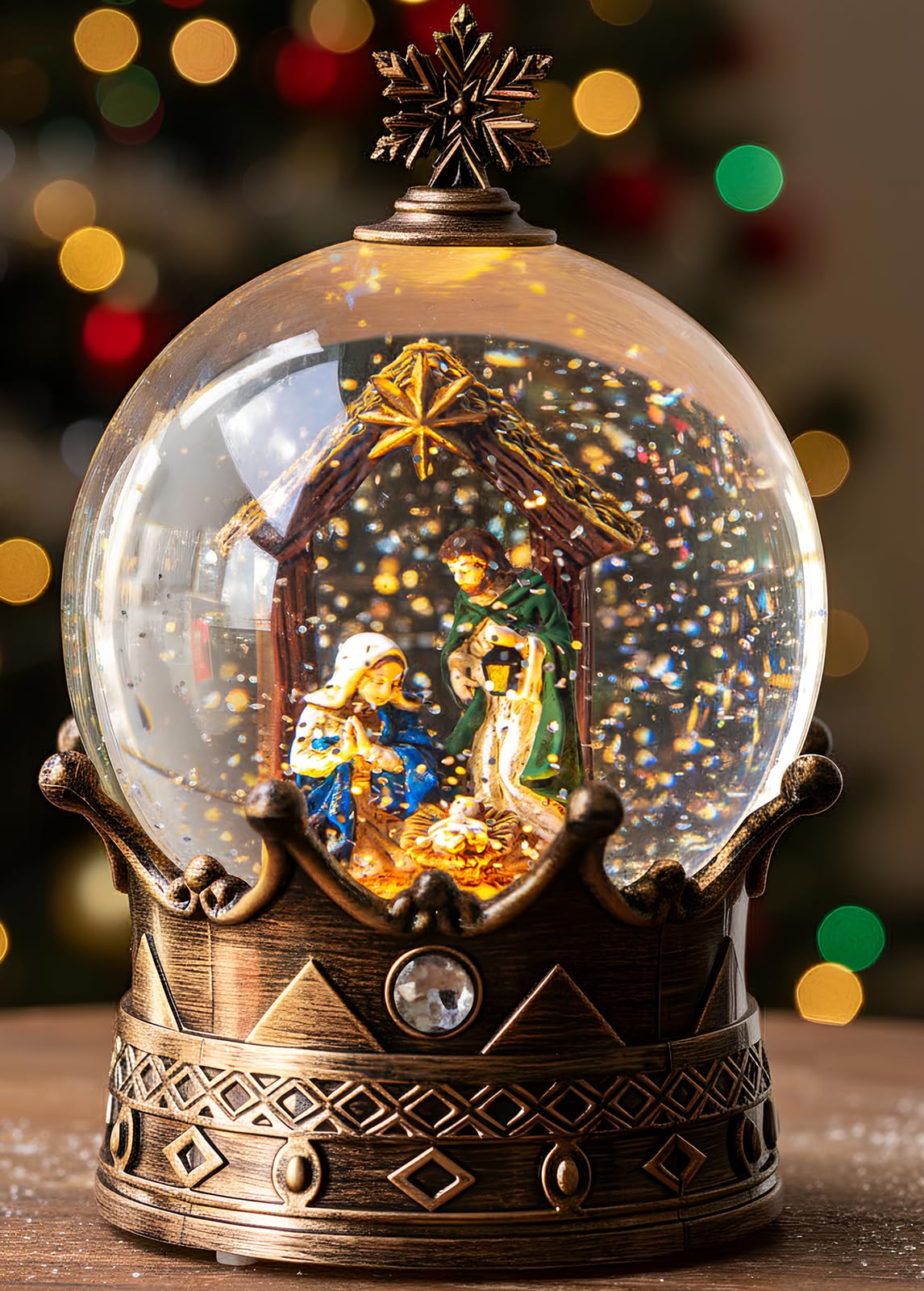 Christmas Snow Globe Lantern Water Glittering Nativity Crown with Music, USB Lined/Battery Operated Lighted Lantern for Christmas Festival Decoration Gifts