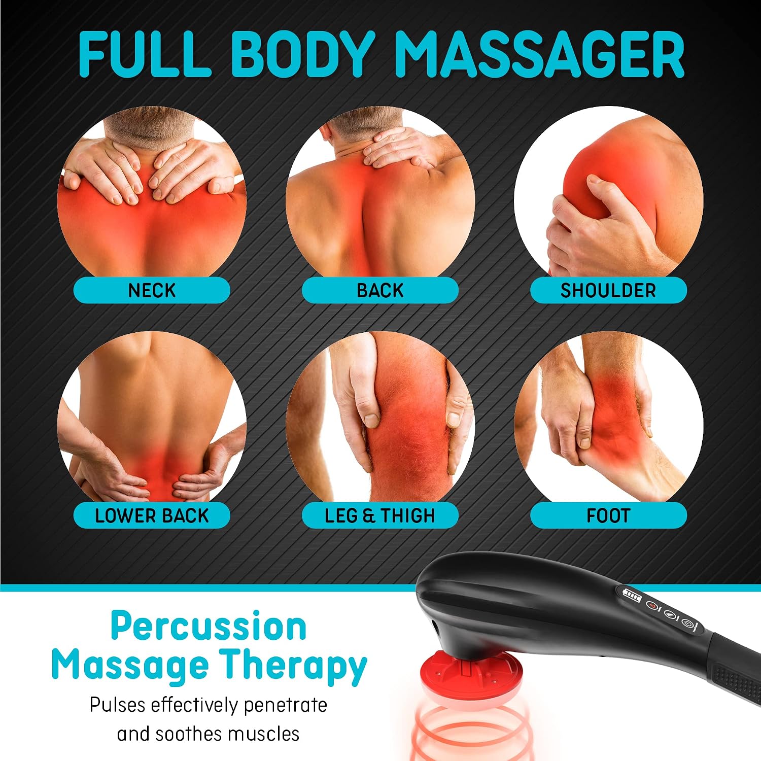 Handheld Back Massager 2600 mah with Heat for Muscles, Back, Foot, Neck, Shoulder, Leg, Calf Pain Relief – Cordless, Electric Percussion Full Body Massager- 6 Speeds (Matte Black)
