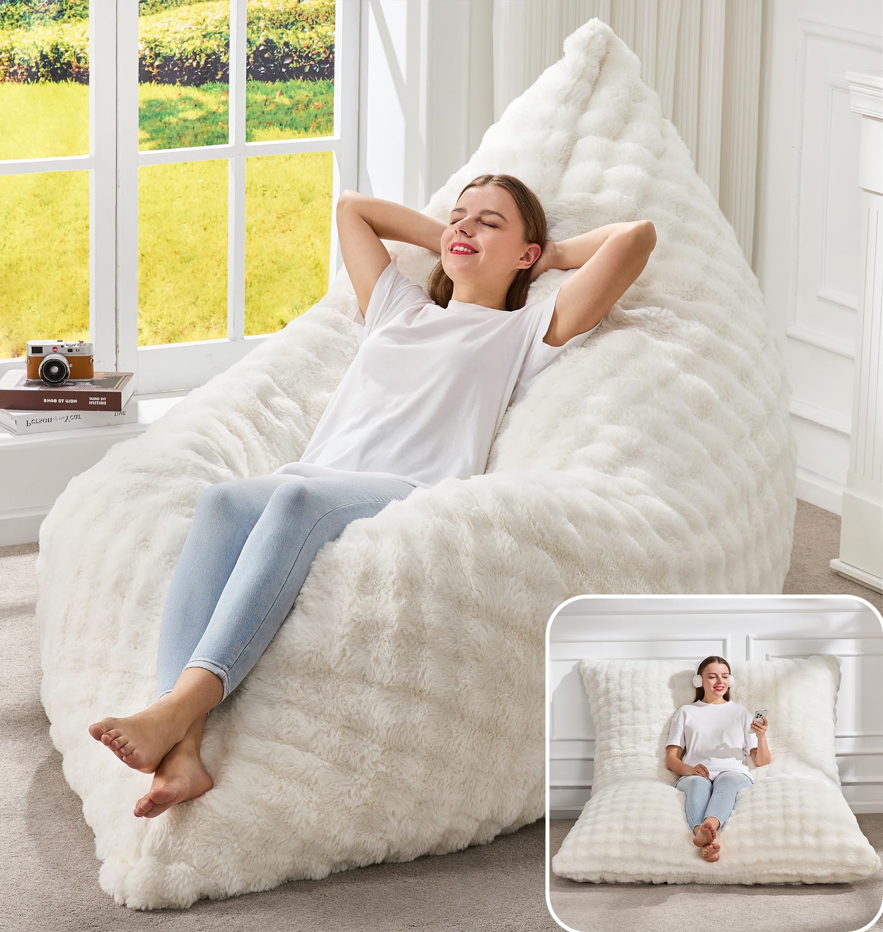 Hobestluk 3 in 1 Bean Bag Chair Giant Bean Bag Chairs for Adults with Bubble Cover Convertible Bean Bag Floor Cushion with Machine Washable Cover for Living Room (Bubble White) โ image 1
